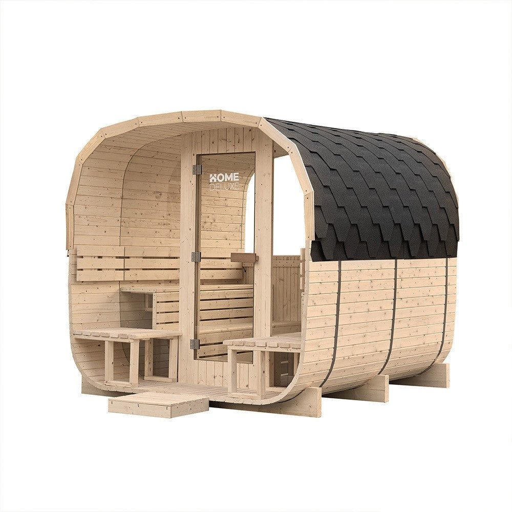 DEKO VERTRIEB BAYERN Fasssauna XXL Luxus Outdoor Fasssauna 260x230 cm SET Sauna inkl. 10,5 KW Saunaof