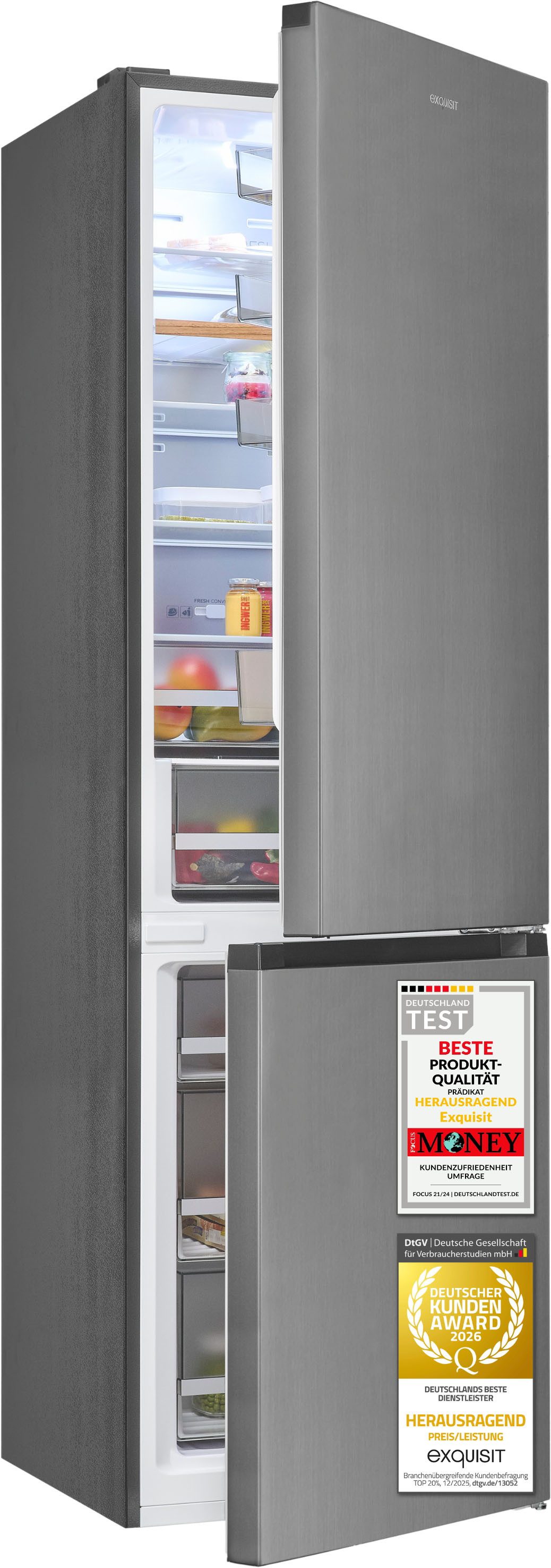 exquisit Kühl-/Gefrierkombination KGC380-115-NF-040A inoxlook, 200,5 cm hoch, 59,5 cm breit, Humidity Box für optimale Feuchtigkeitsregulierung & kein Abtauen mehr