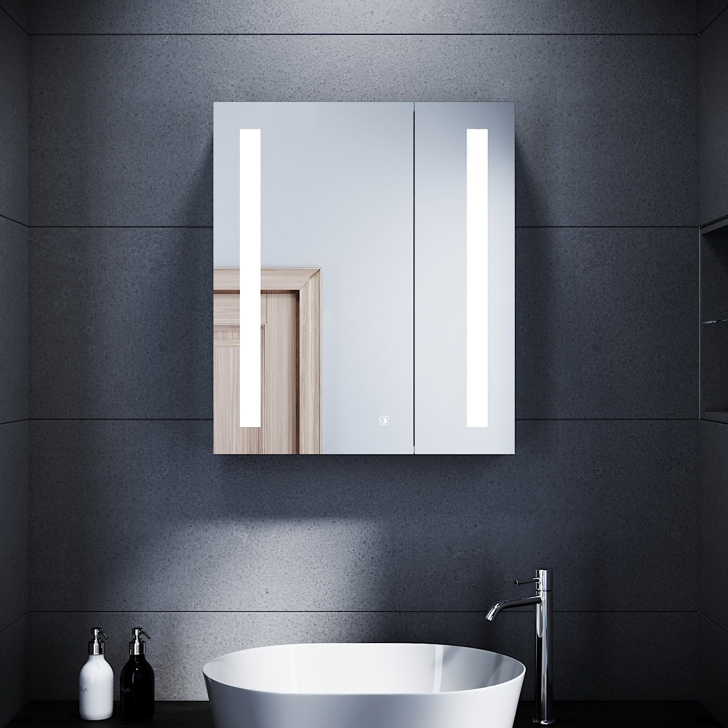 SONNI Spiegelschrank LED Spiegelschrank mit Beleuchtung 60x70cm Edelstahl mit Steckdose Kupferfreier Spiegel, 2 Spiegeltüren, energiesparenden, Touchschalter | Stahlschränke