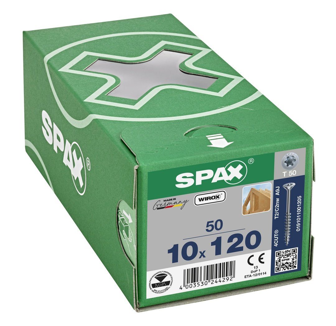 St), SPAX weiß 10x120 (Stahl verzinkt, 50 mm Holzbauschraube, Spanplattenschraube