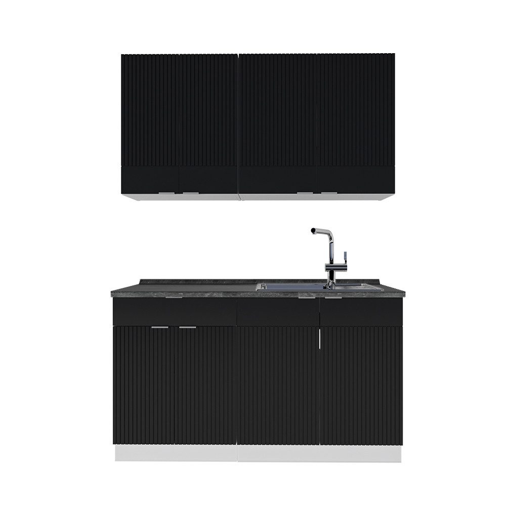 Vicco Küchenzeile Fame-Line, Schwarz gestreift/Weiß/Weiß, 140 cm, AP Anthrazit