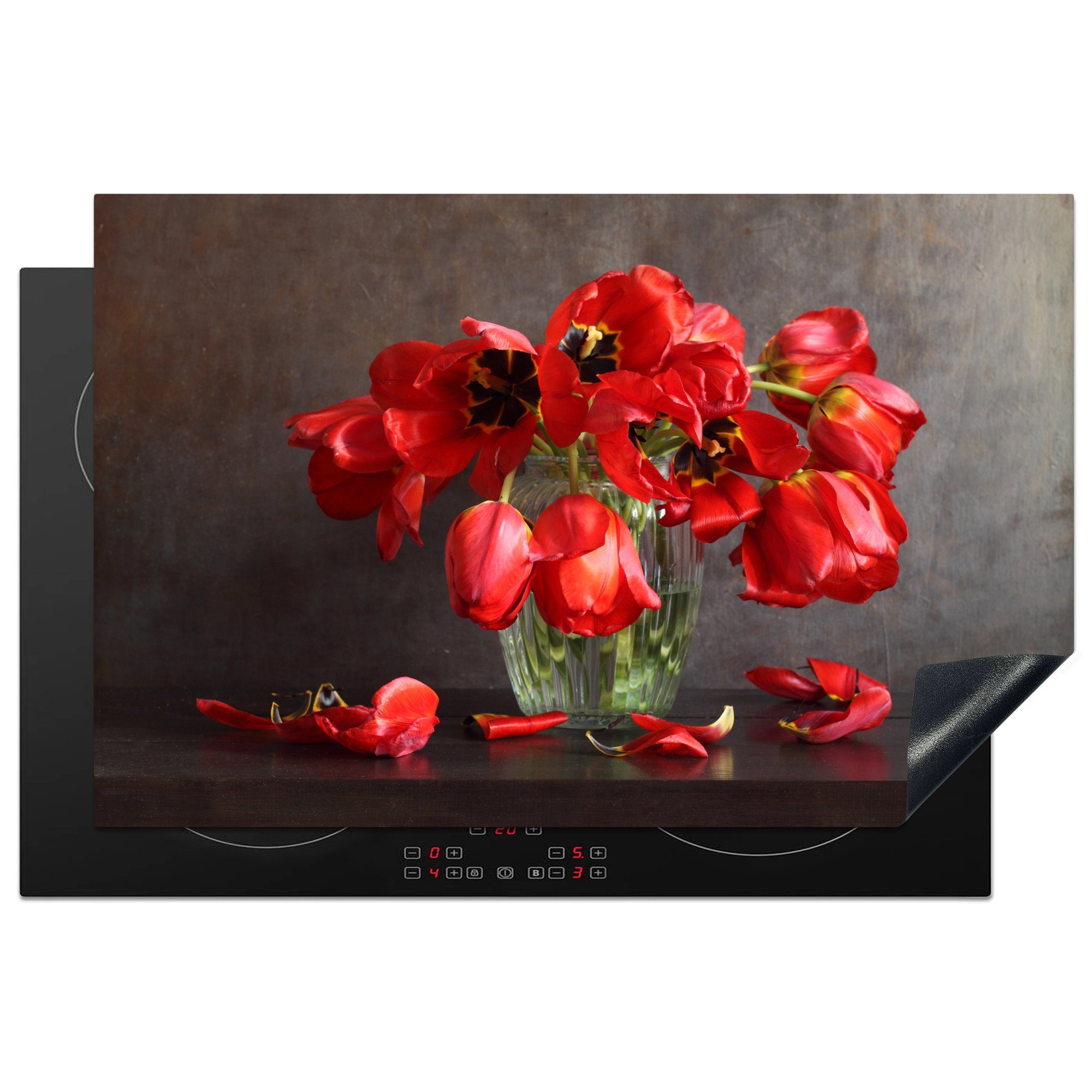 MuchoWow Herdblende-/Abdeckplatte Verwelkte und verblasste rote Tulpen, Vinyl, (1 tlg), 81x52 cm, Induktionskochfeld Schutz für die küche, Ceranfeldabdeckung