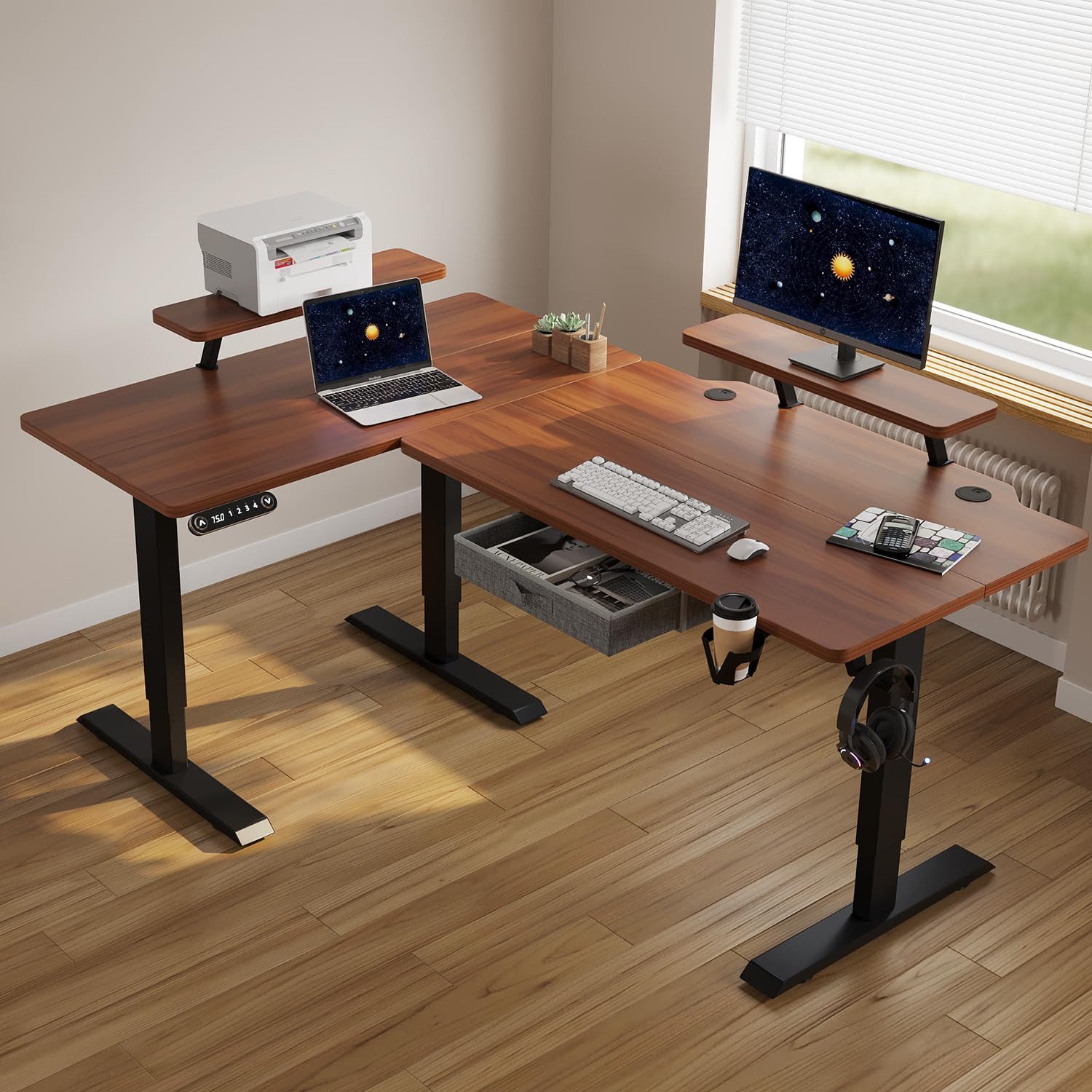 IvyIvy Computertisch L-förmiger, höhenverstellbarer Tisch mit Doppelbalkenstruktur (1-St), Höhenverstellbarer Bereich 69-115cm, braun