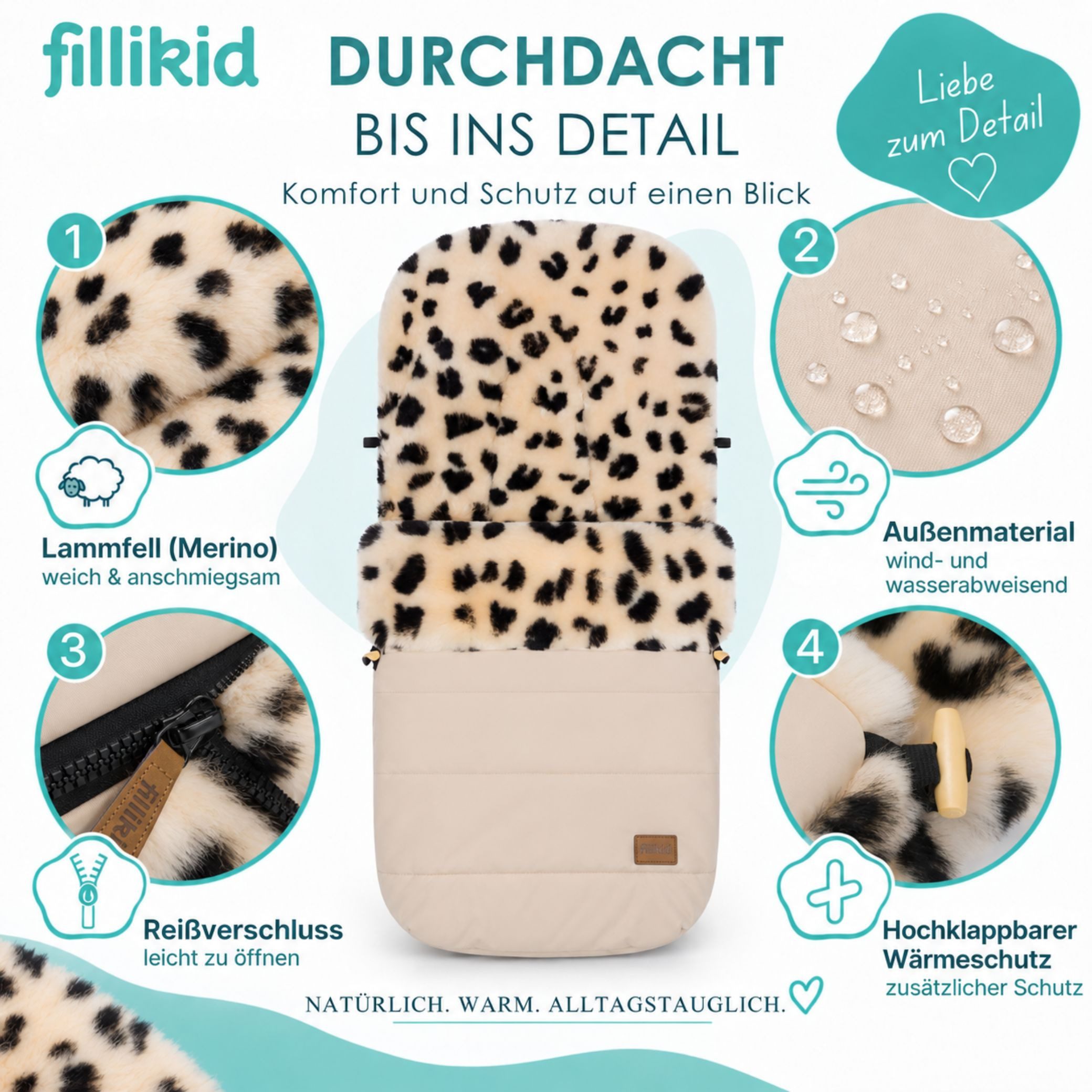 Fillikid Fußsack Winterfußsack Bernina Lammfell Exklusiv, Warmer Winterfußsack mit echtem Merino-Lammfell wasserabweisend und – Bild 3 von 5