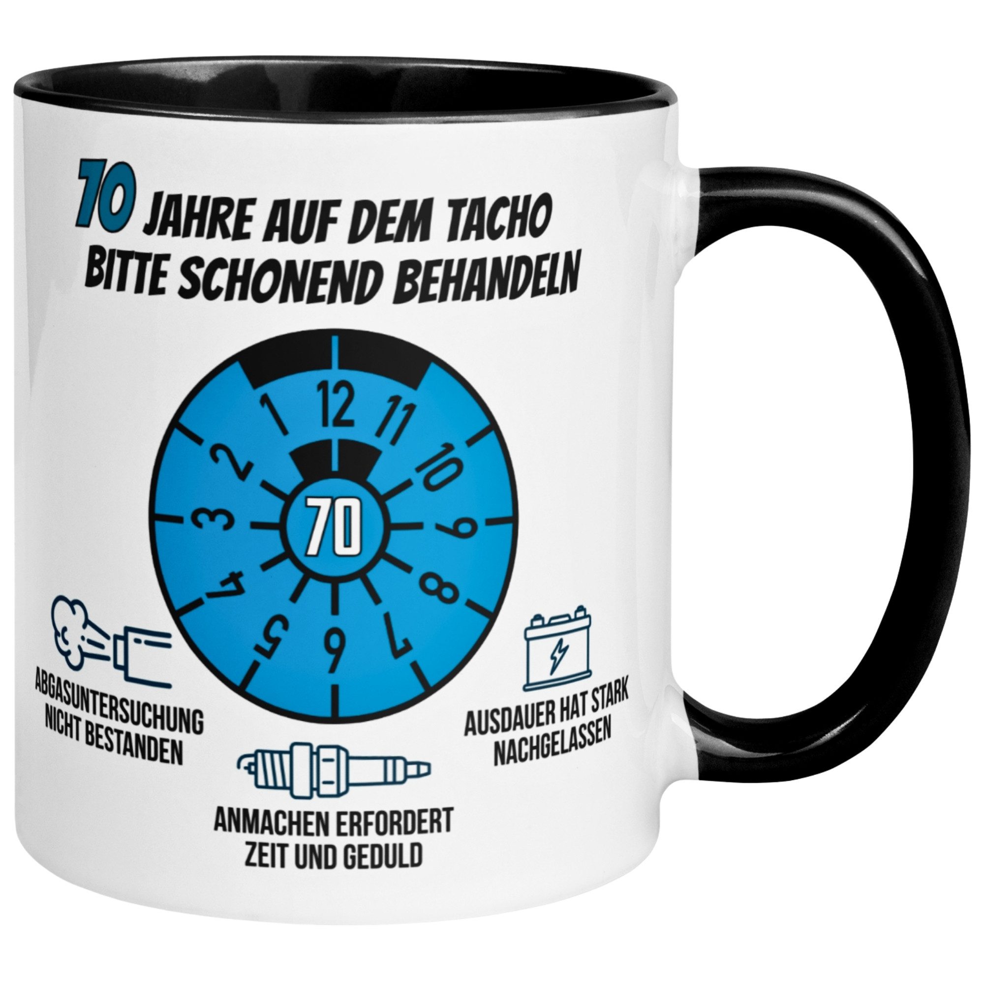 Momentals Tasse 70. Geburtstag Mann – „70 Jahre auf dem Tacho - Schonend Behandeln“, Gratis Versand · Links-&Rechtshänder · Spülmaschinenfest