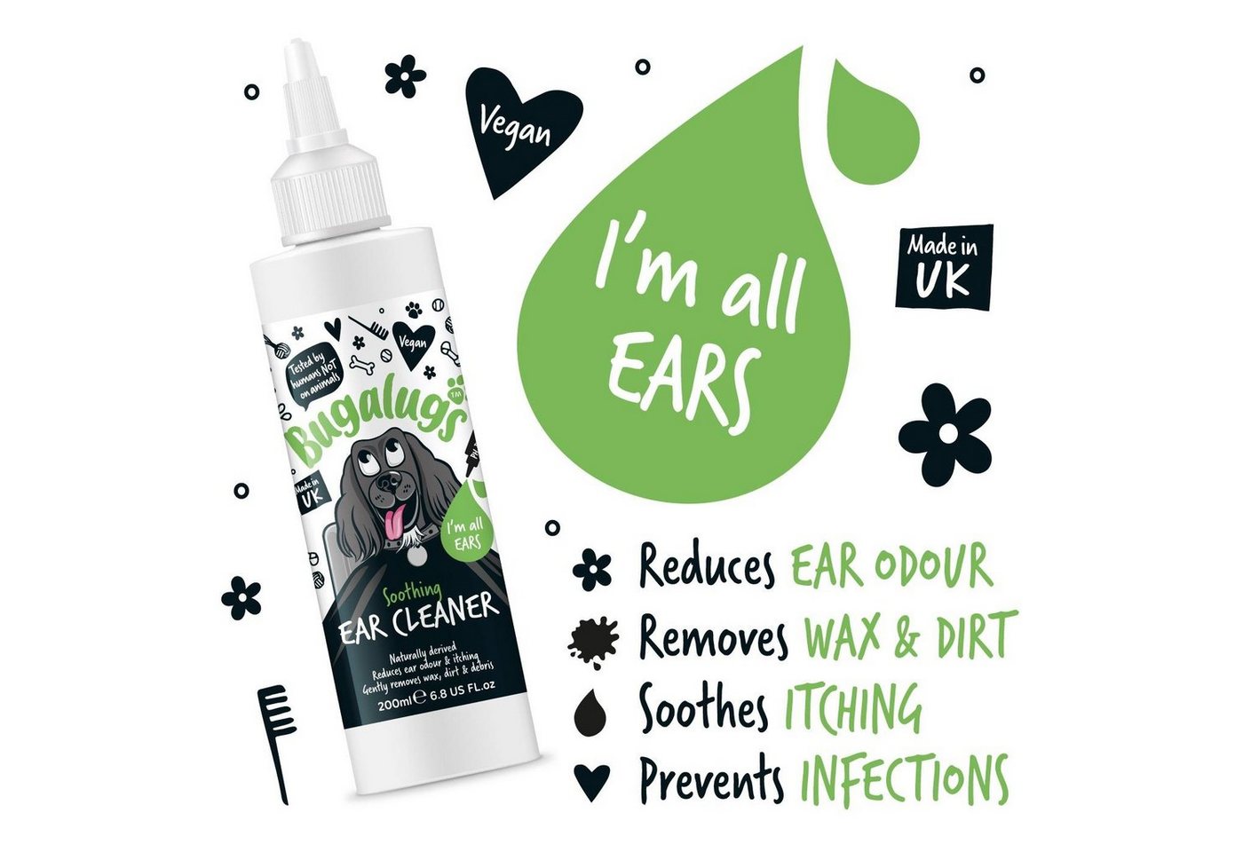 Thumbnail - Bugalugs Fellpflege Bugalugs Hunde Ohrreiniger Ear Cleaner beruhigend, 200 ml, (1-St), Ohrpflege, für alle Haustiere, Er...