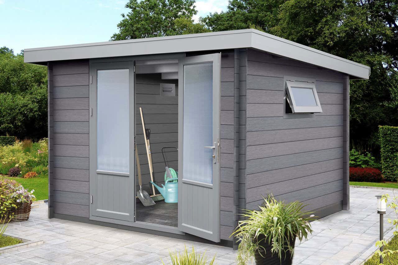 Finnhaus Wolff Gerätehaus Holz WPC Bella 2924 28, BxT: 340x279 cm, in Naturbelassen mit 28mm Wandstärke