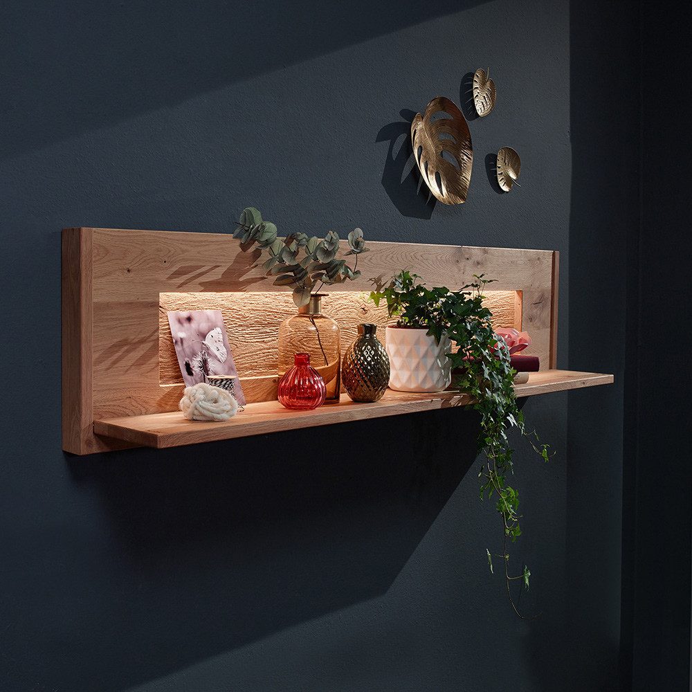 Lomadox Wandregal WELLAND-69, 164 cm breit, Eiche massiv geölt mit LED-Beleuchtung