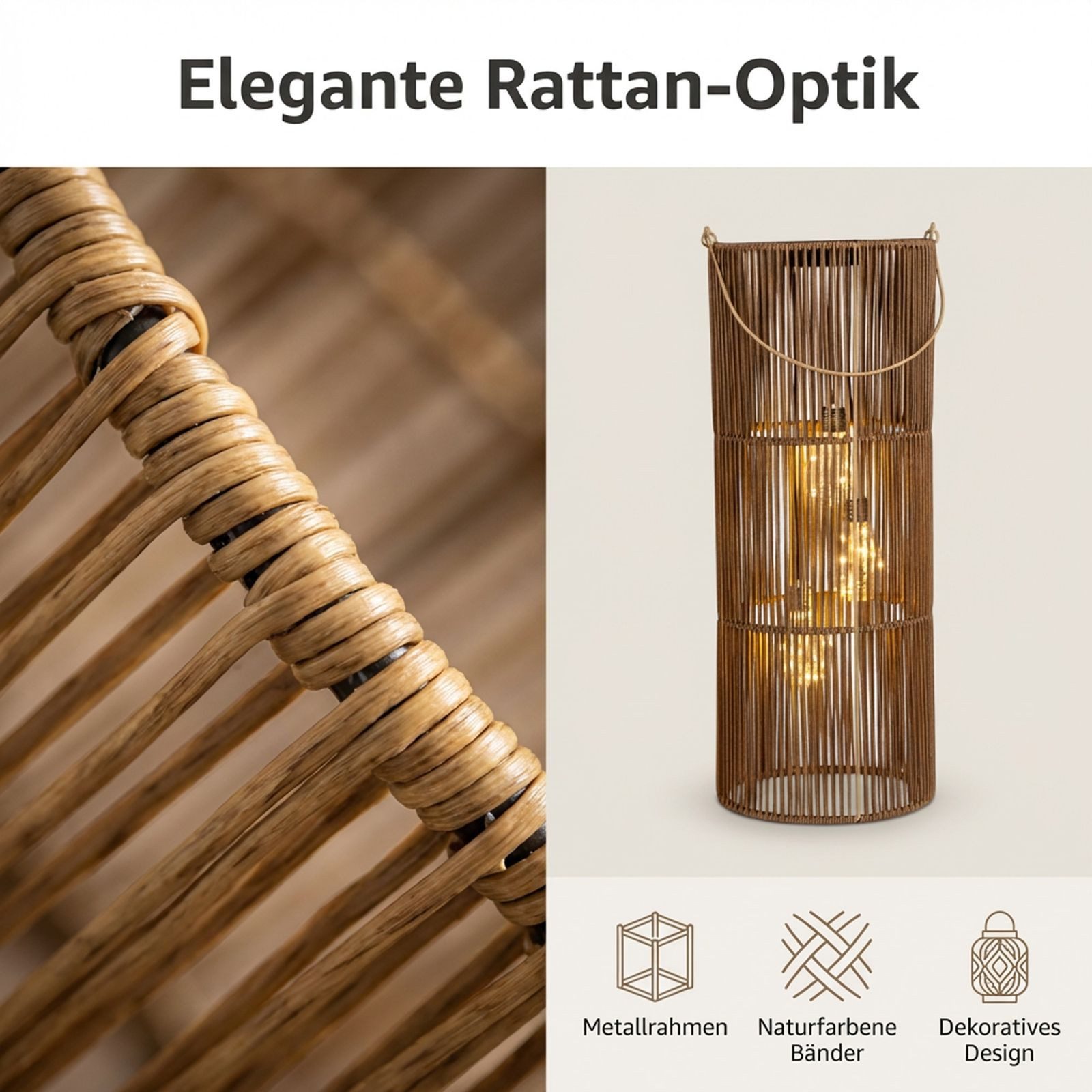 formano LED Laterne Solarlaterne Außen Garten Rattan Look Laterne 3 LED Birnen 45cm Solar, LED fest integriert – Bild 4 von 5
