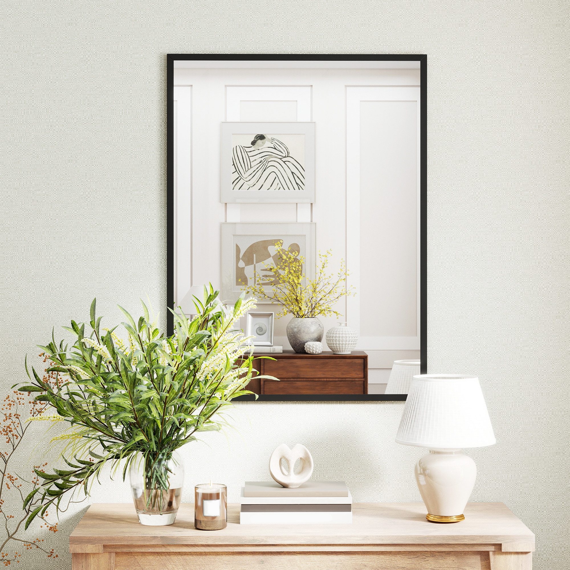 HOMCOM Wandspiegel Rechteckig Spiegel Dekorativ 76,2 x 101,6 cm (Badezimmerspiegel, 1-St., Dekorativer Hängespiegel), für Schlafzimmer Badezimmer Wohnzimmer Flur Schwarz