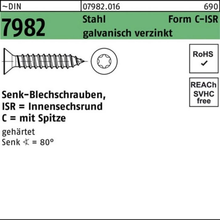 Reyher Schraube 500er Pack Senkblechschraube DIN 7982 ISR/Spitze 5 5x19 -C-T25 Stahl g