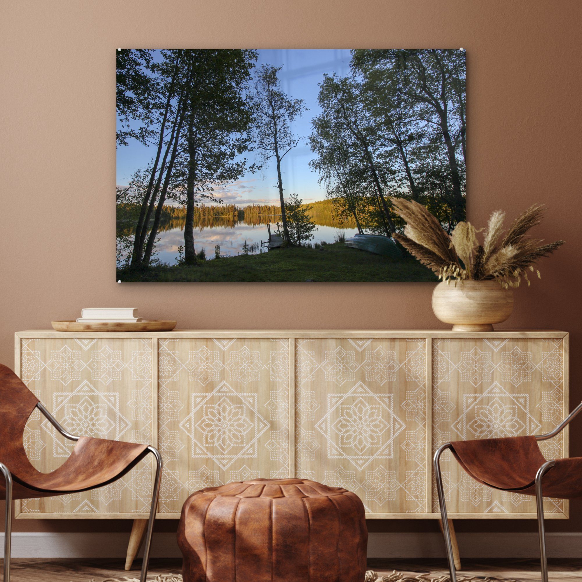 von Silhouetten Acrylglasbild Tiveden-Nationalpark Bäumen Wohnzimmer Schweden, (1 St), im in MuchoWow & Schlafzimmer Acrylglasbilder