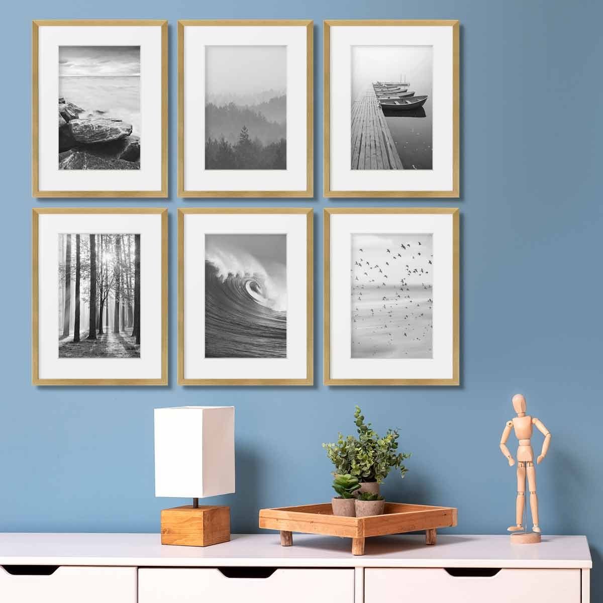 PHOTOLINI Bilderrahmen 6er Set 30x40 cm Modern Schmal mit Passepartout Gold