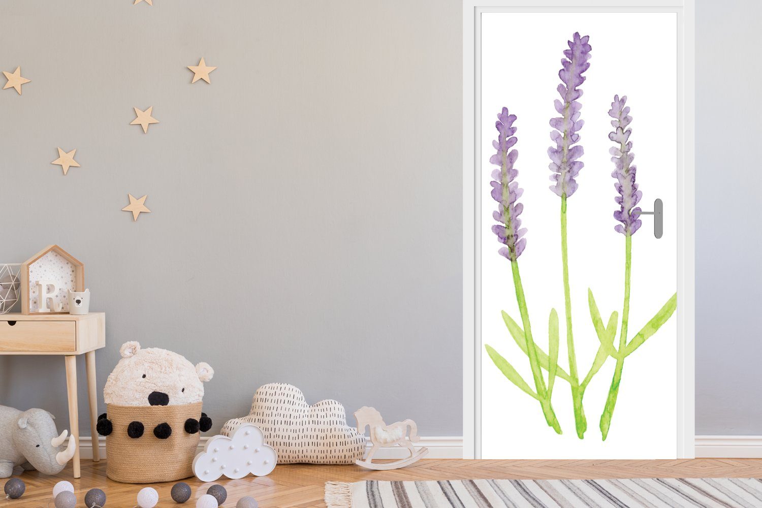 MuchoWow Türtapete Lavendel - Fototapete Tür, 75x205 St), (1 bedruckt, Matt, für cm - Pflanzen, Aquarell Türaufkleber
