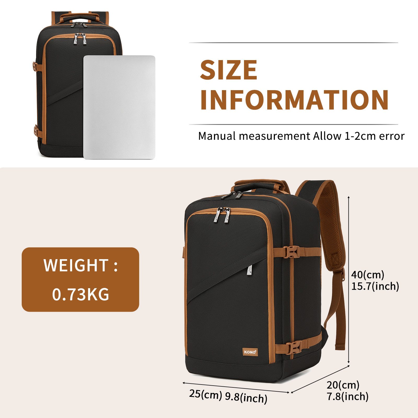 KONO Rucksack Ryanair-Kabinentasche – Handgepäckrucksack, Maße 40 x 30 x 20 cm