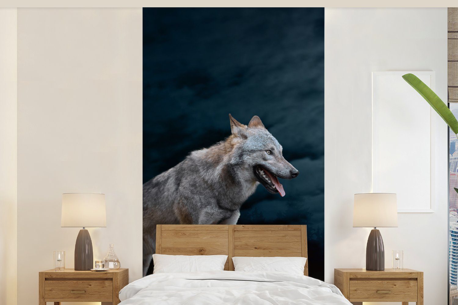 Fototapete Vliestapete Wohnzimmer Küche, (2 - MuchoWow Schlafzimmer St), Porträt, Matt, - Fototapete - bedruckt, Tiere Wolf für - Mond Nacht