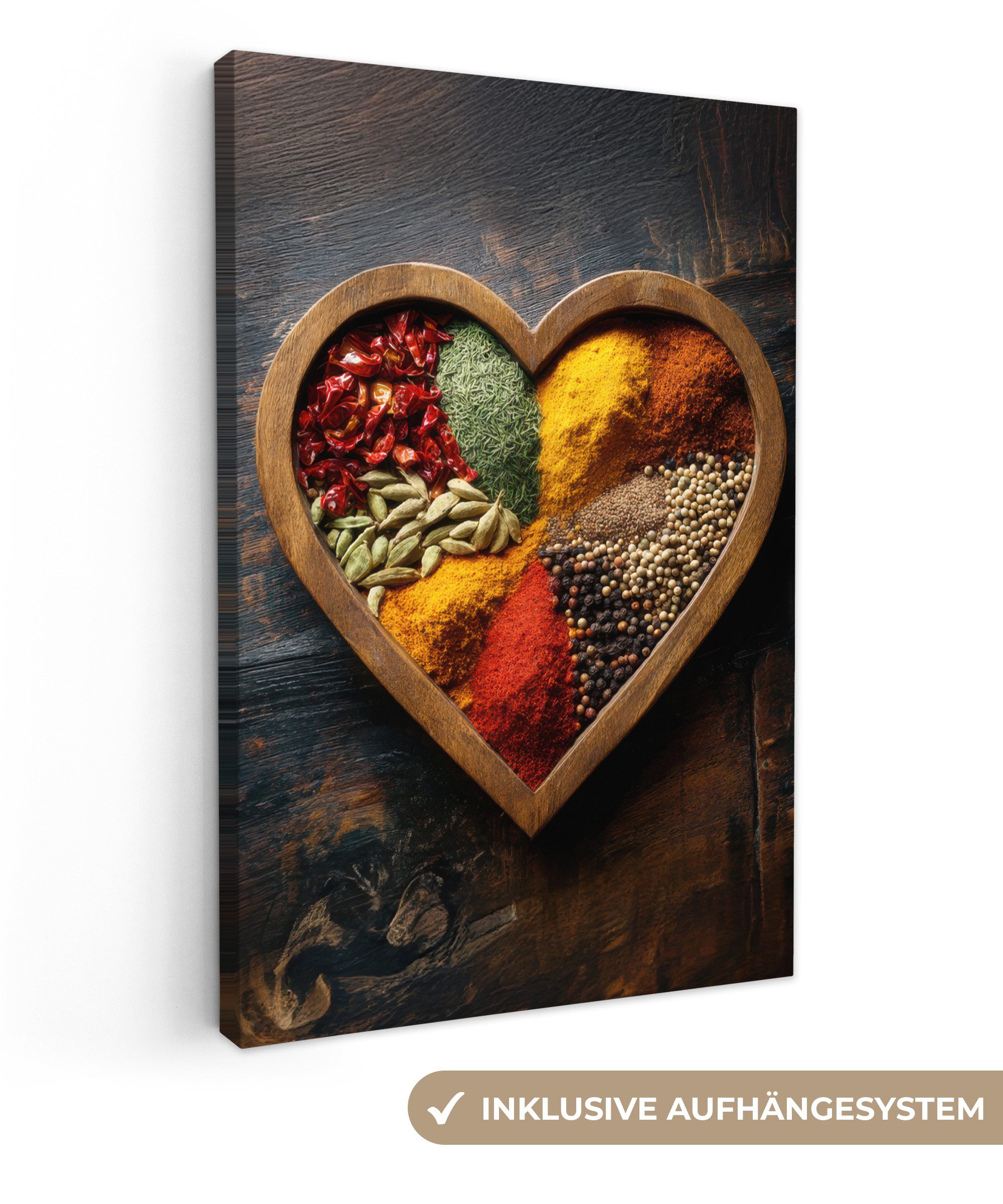 OneMillionCanvasses® Leinwandbild Hölzern - Herz - Bunt - Gewürze, Fotodruck (1 St), Wandbilder für Esszimmer, Wanddeko Bilder Küche, 20x30 cm