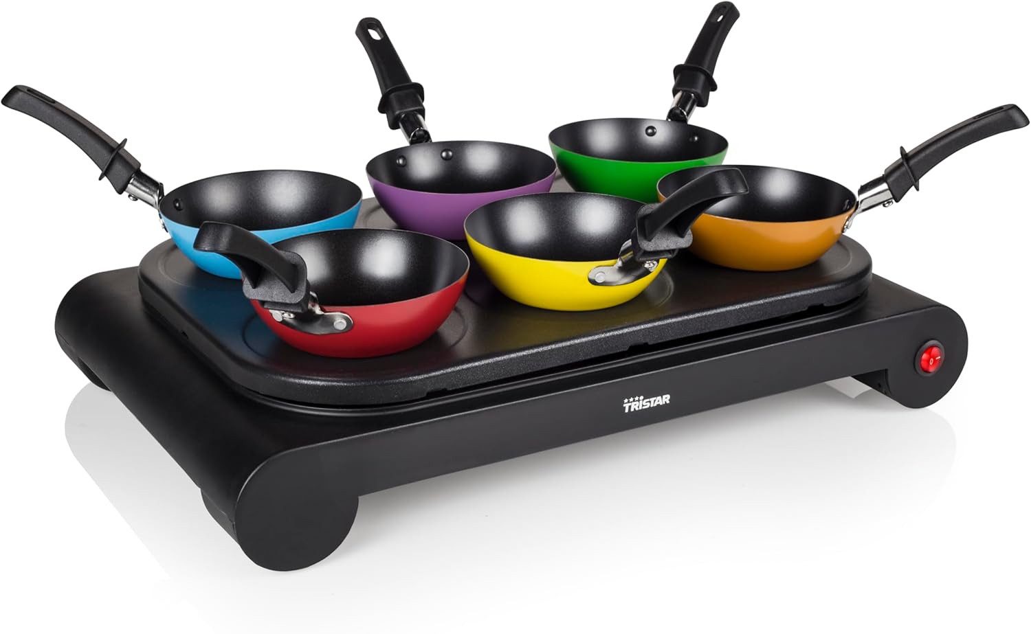 Tristar Tischgrill Tristar BP-2827 Party-Wok-Set – Auch als Crêpe- und Bratpfanne verwend, 1000 W, 6 bunte Wok-Pfännchen - Crêpe- und Bratplatte