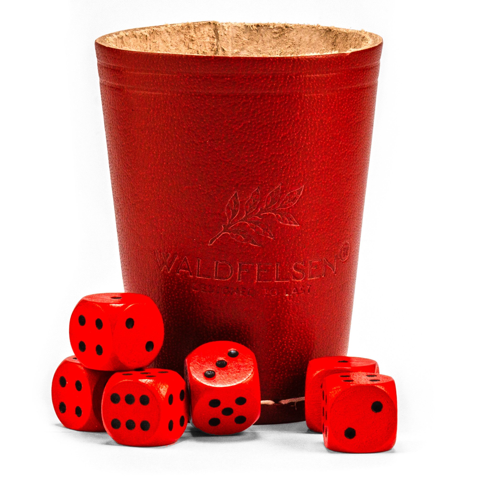 Waldfelsen Spiel – Echtleder Würfelbecher (9 cm) mit 6 Würfeln (16 mm) aus Buchenholz, Würfelspiel, Verschiedene Farben