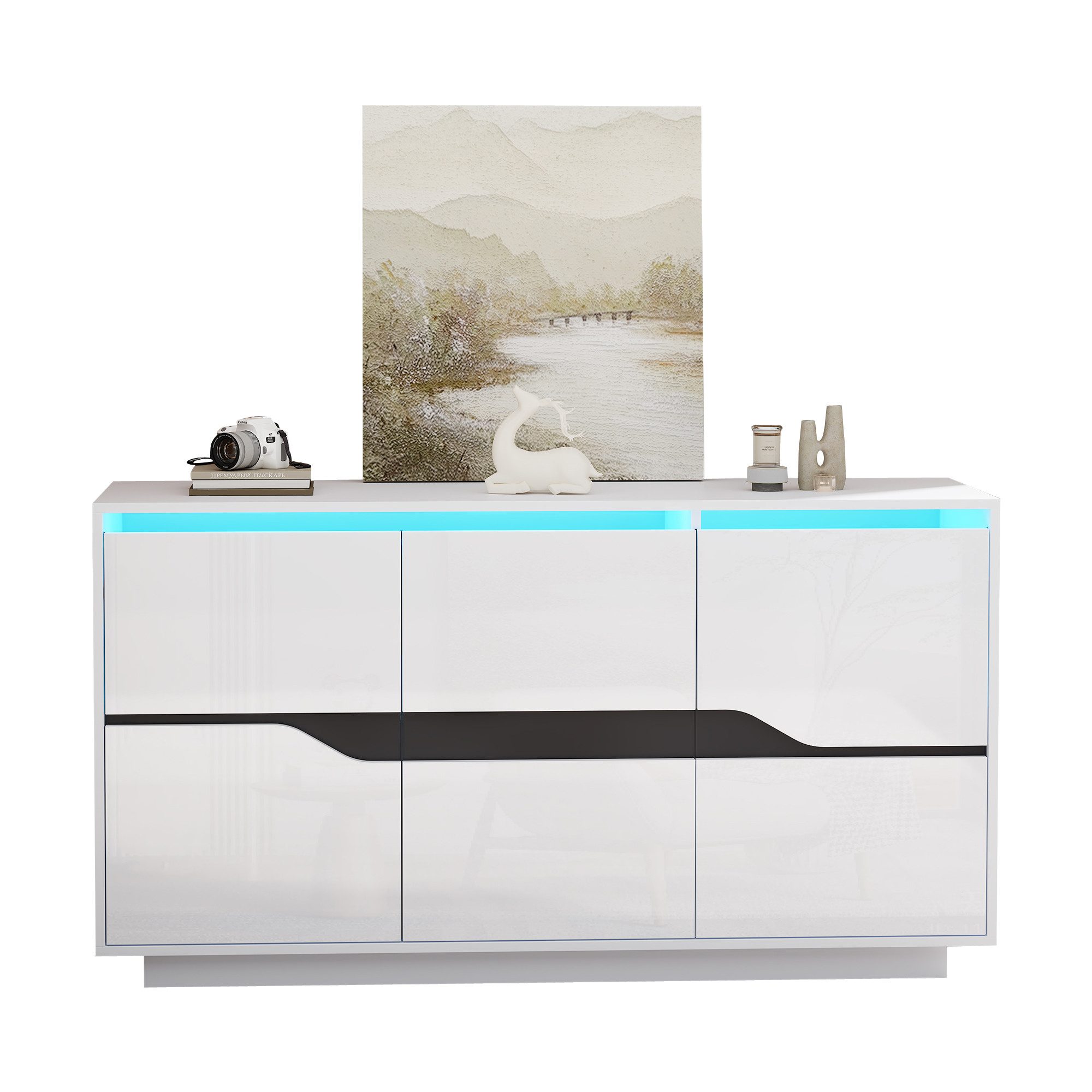 Merax Sideboard 140x40x76cm (1 St., Hochglanzfront in Weiß-Schwarz), Kommode Anrichte mit 3 Türen, verstellbaren Einlegeböden & LED-Licht