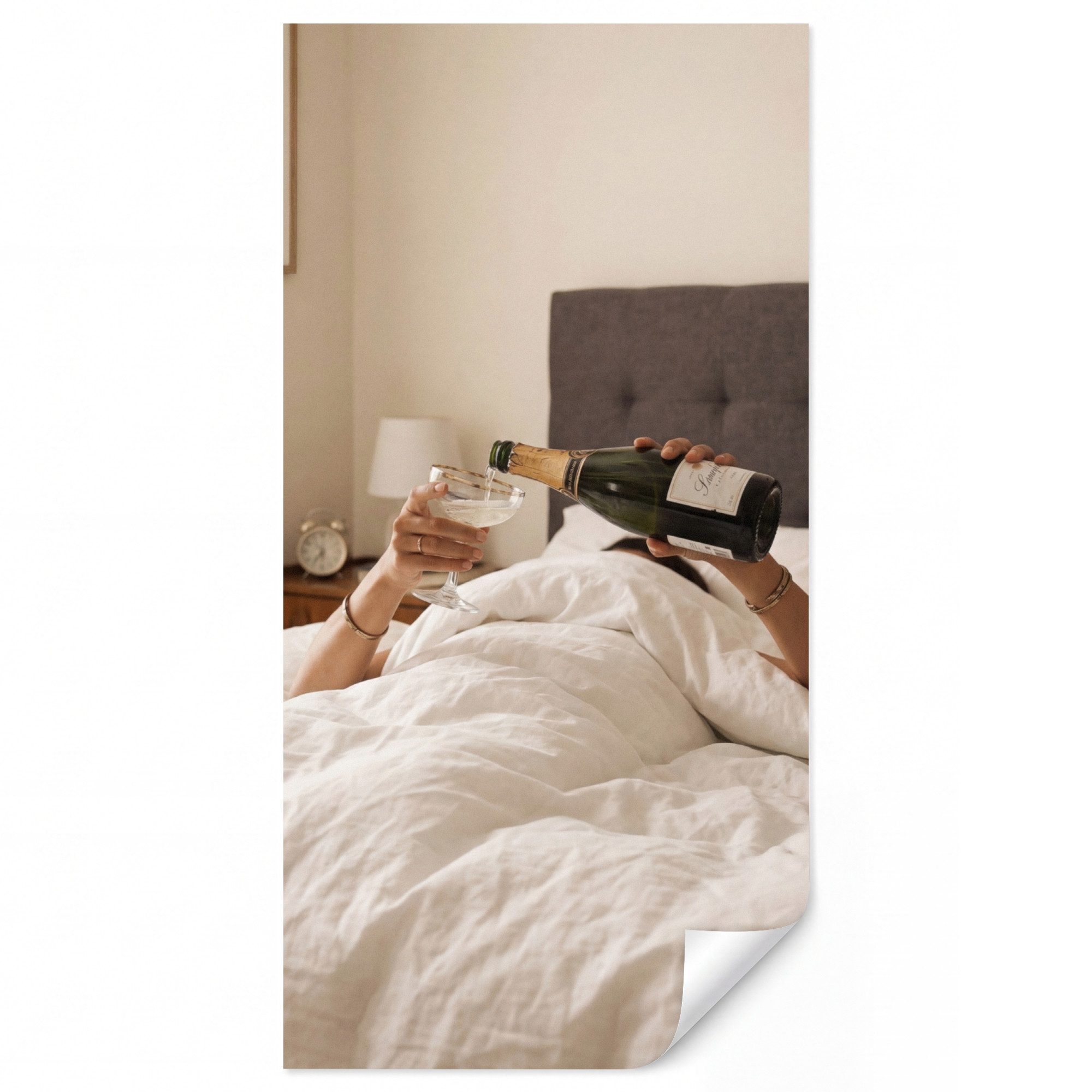 OnlyWow Fototapete Champagner - Bett - Seifenblasen, Matt, bedruckt, Wandtapete, Schlafzimmer, Wanddekoration 100x220cm