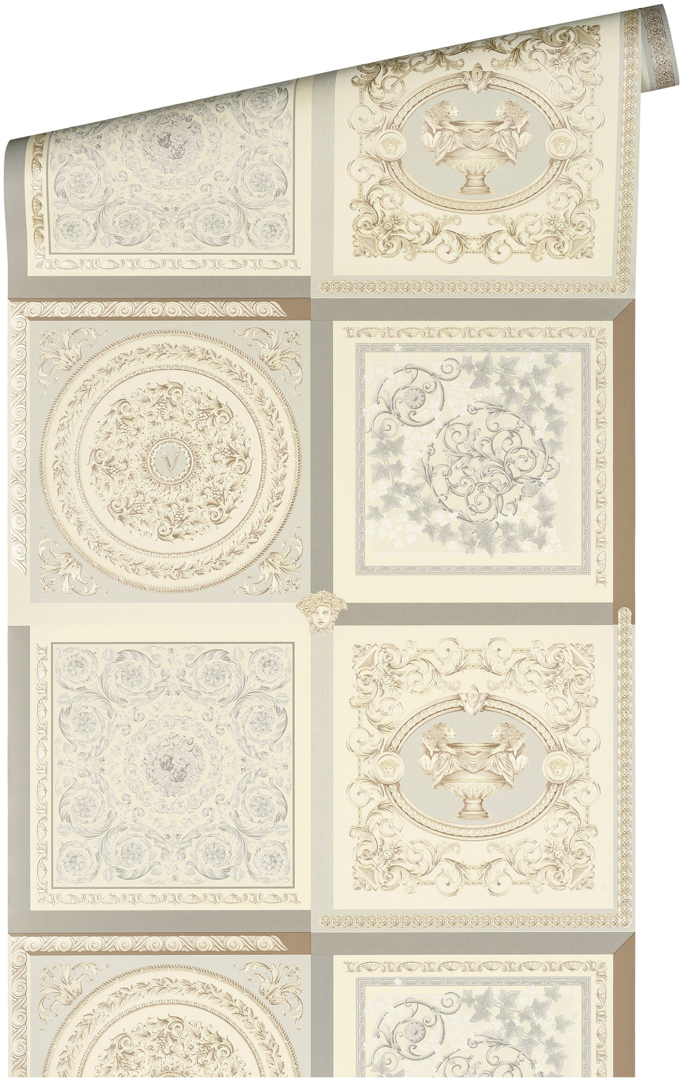 Versace Vliestapete Wallpaper St), leicht strukturiert, glänzend, Versace (1 grau/beige/silberfarben Patchwork, auffallende Fliesen-Tapete 5 leicht Design