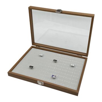 mixed24 Schmuckkasten Holz Ringlade 100 Schlitze Ringe Ohrringe Aufbewahrung, 100 Schlitze, Deckel aus Echtglas, Ringbox Ringkoffer