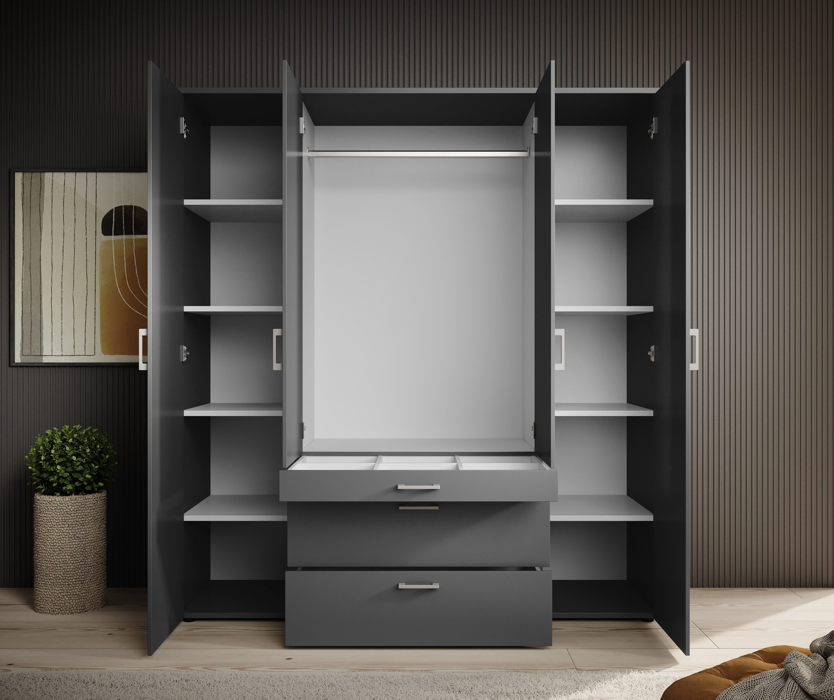 PREISBRECHER Drehtürenschrank Vesala 4 Türen, 3 Schübe, Graphit / Spiegel - 180x195x56cm (BxHxT)