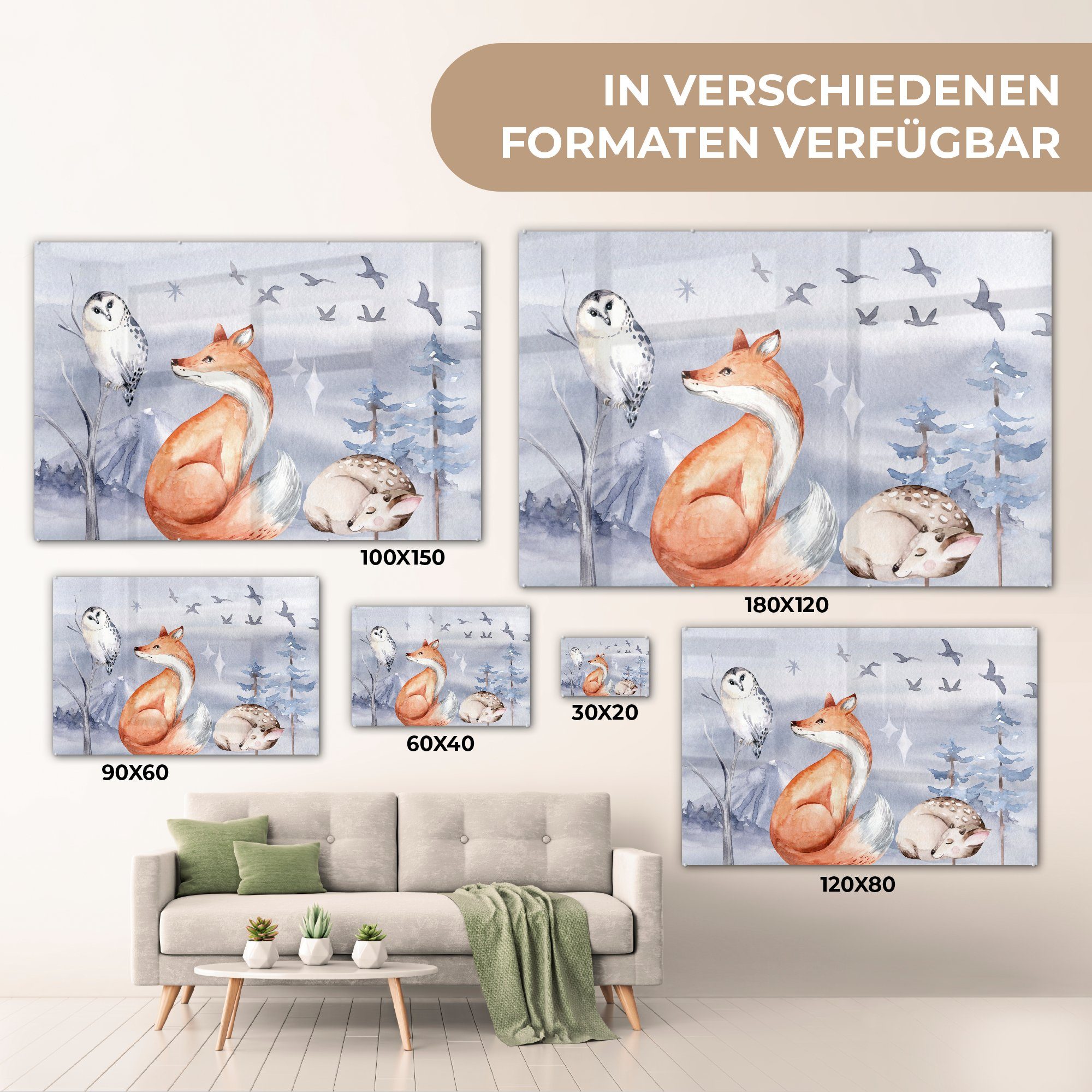 Wohnzimmer Schlafzimmer Winter & Hirsch Acrylglasbilder Acrylglasbild Fuchs, - MuchoWow - - Eule (1 St),
