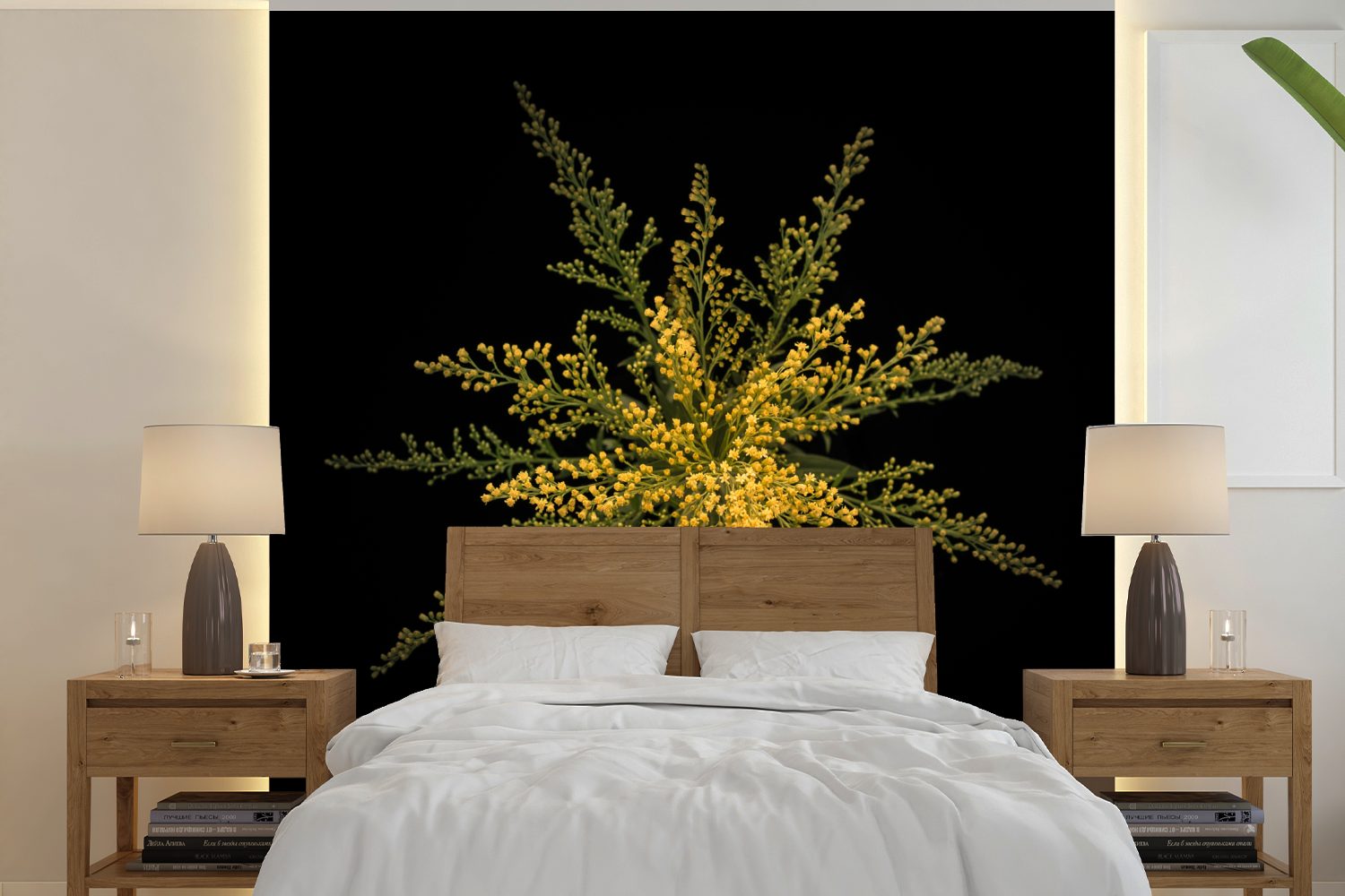 Eine MuchoWow Tapete Goldrutenblüte schwarzem für Wohnzimmer Matt, Schlafzimmer, auf Fototapete (5 St), bedruckt, Wandtapete Vinyl Hintergrund, oder