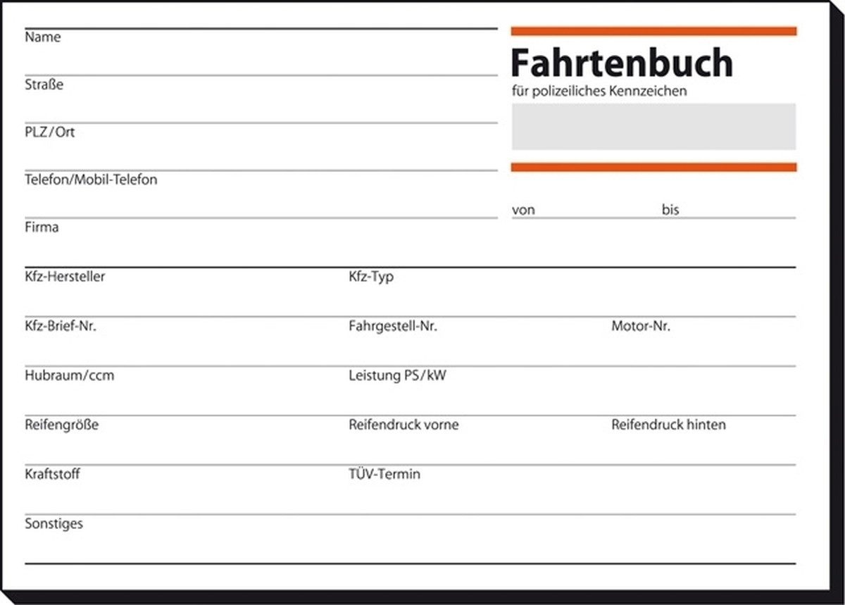 Formularblock Formularbuch Fahrtenbuch Pkw A6 quer VE=44 Blatt