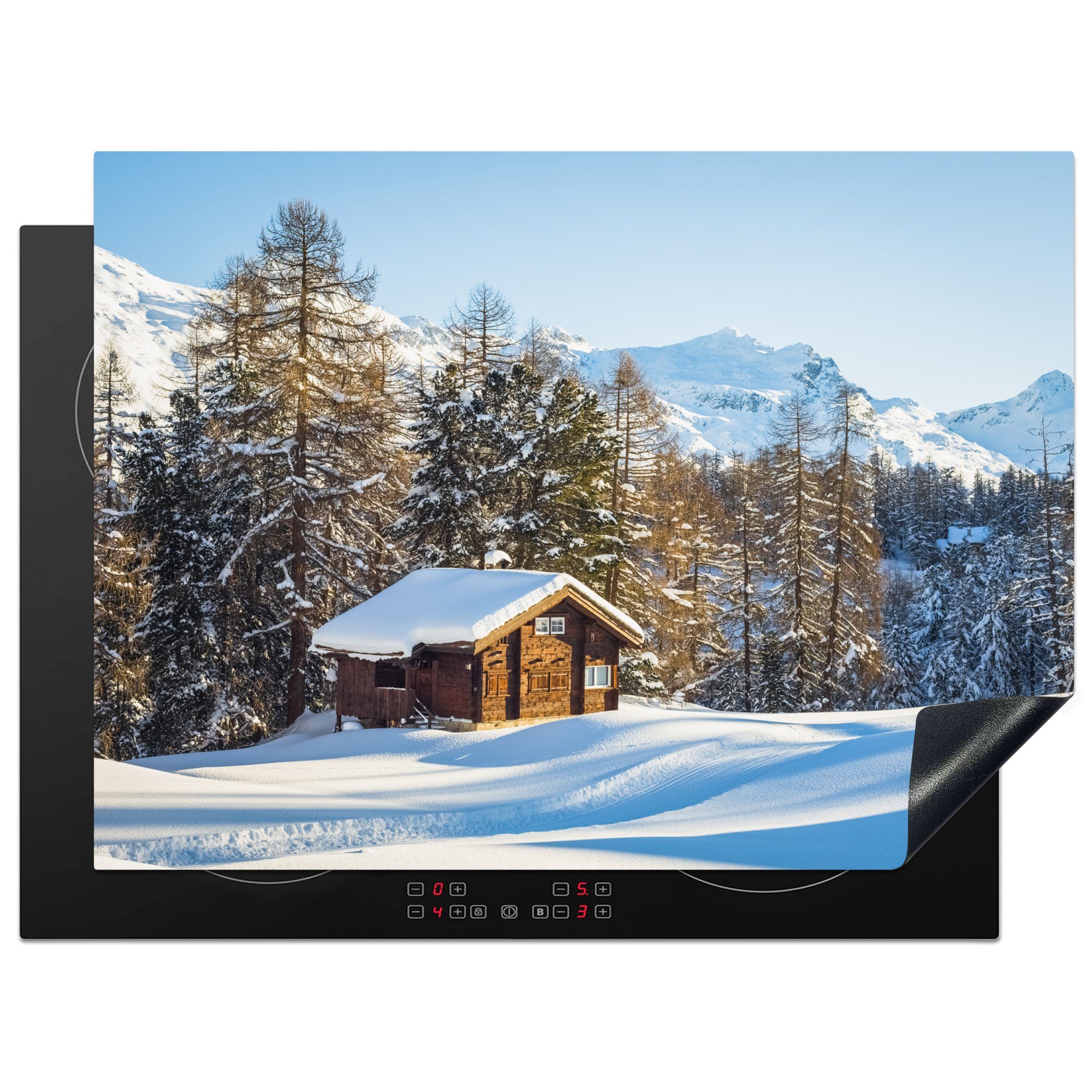 MuchoWow Herdblende-/Abdeckplatte Hütte in den Bergen der Schweiz im Winter, Vinyl, (1 tlg), 70x52 cm, Mobile Arbeitsfläche nutzbar, Ceranfeldabdeckung