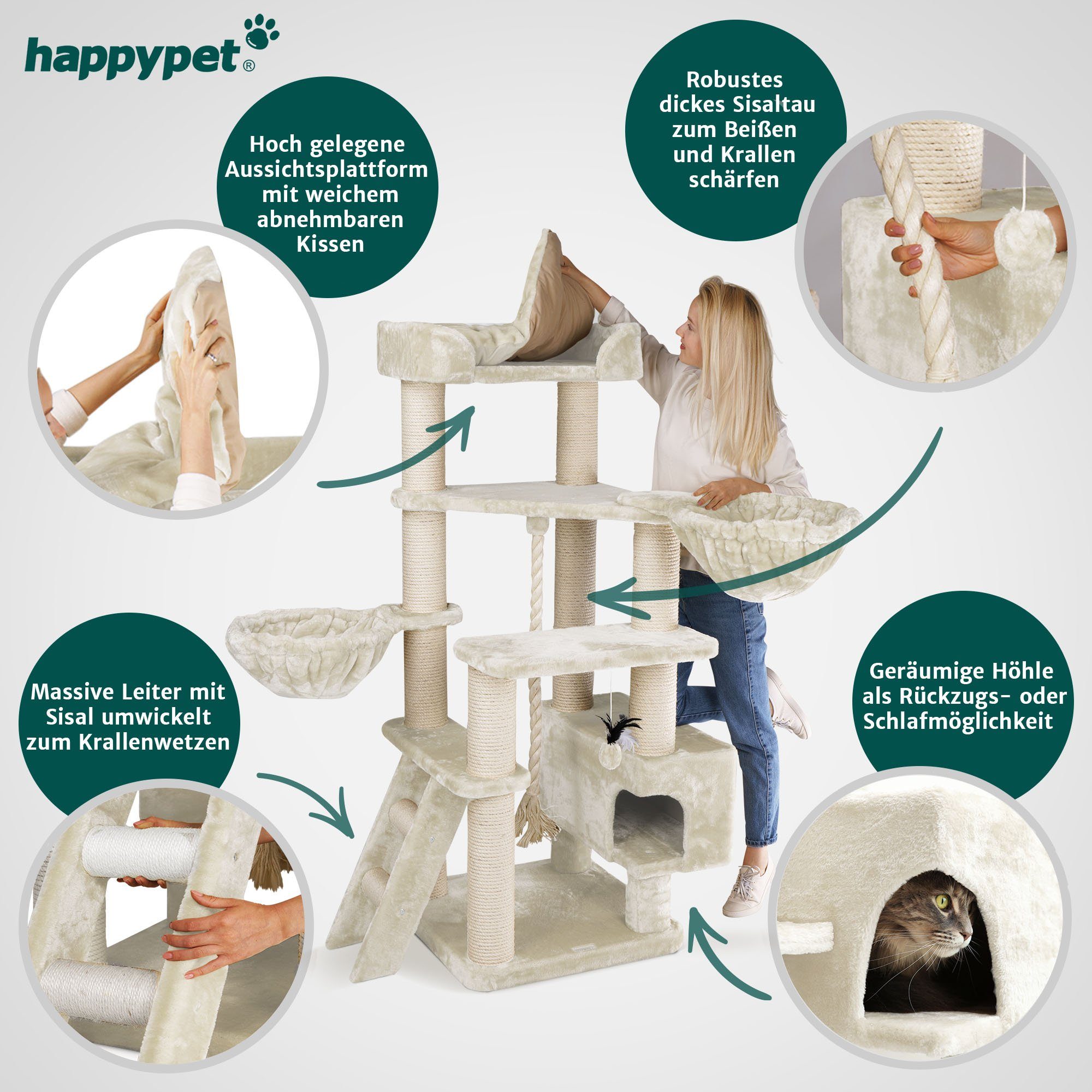 Happypet Kratzbaum JACOB, 156 cm XXL, 12 cm Dicke Stämme, 46 kg Schwerlast, Premium Qualität