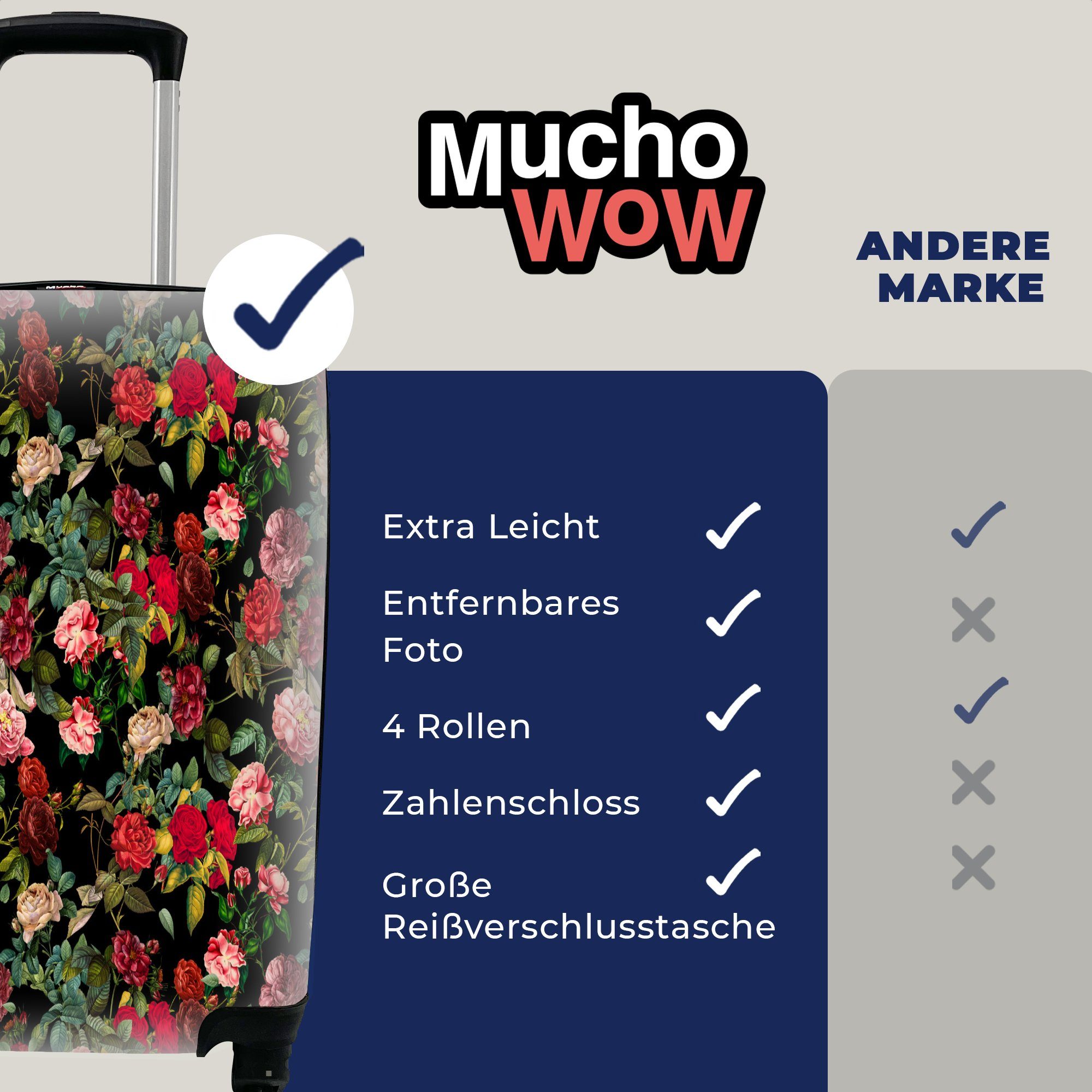 Ferien, 4 - Rollen, für Handgepäck Blumen Vintage Rosen, Handgepäckkoffer mit Reisetasche MuchoWow Trolley, rollen, Reisekoffer -
