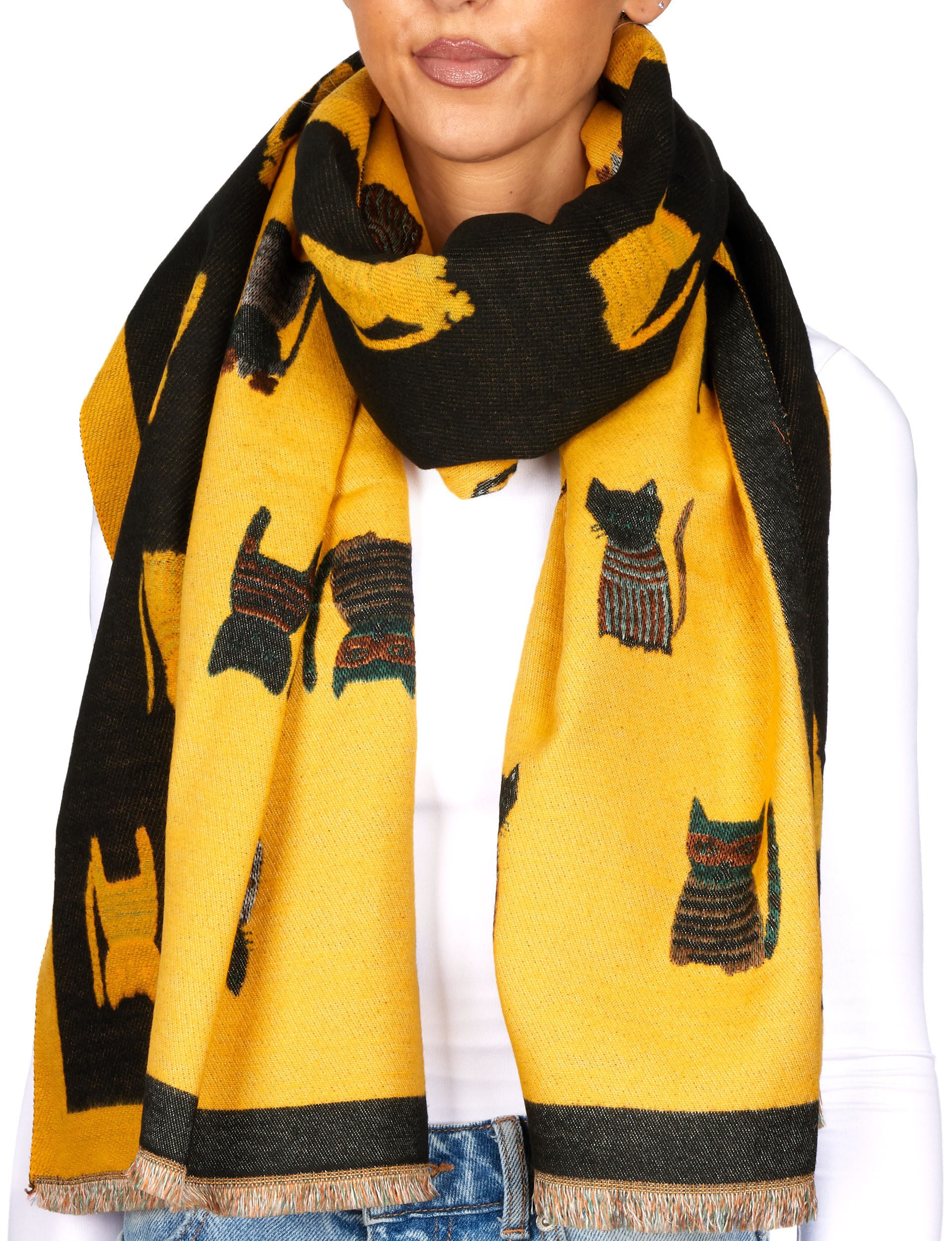 BRUBAKER Schal Cashmirillo Damen Schal mit Katzen Muster - 70 x 200 cm, (Herbstschal Winterschal, 1-St. Weiches Kaschmir-Gefühl), Warm, Kuschelig und Oversized - Damenschal für Herbst und Winter