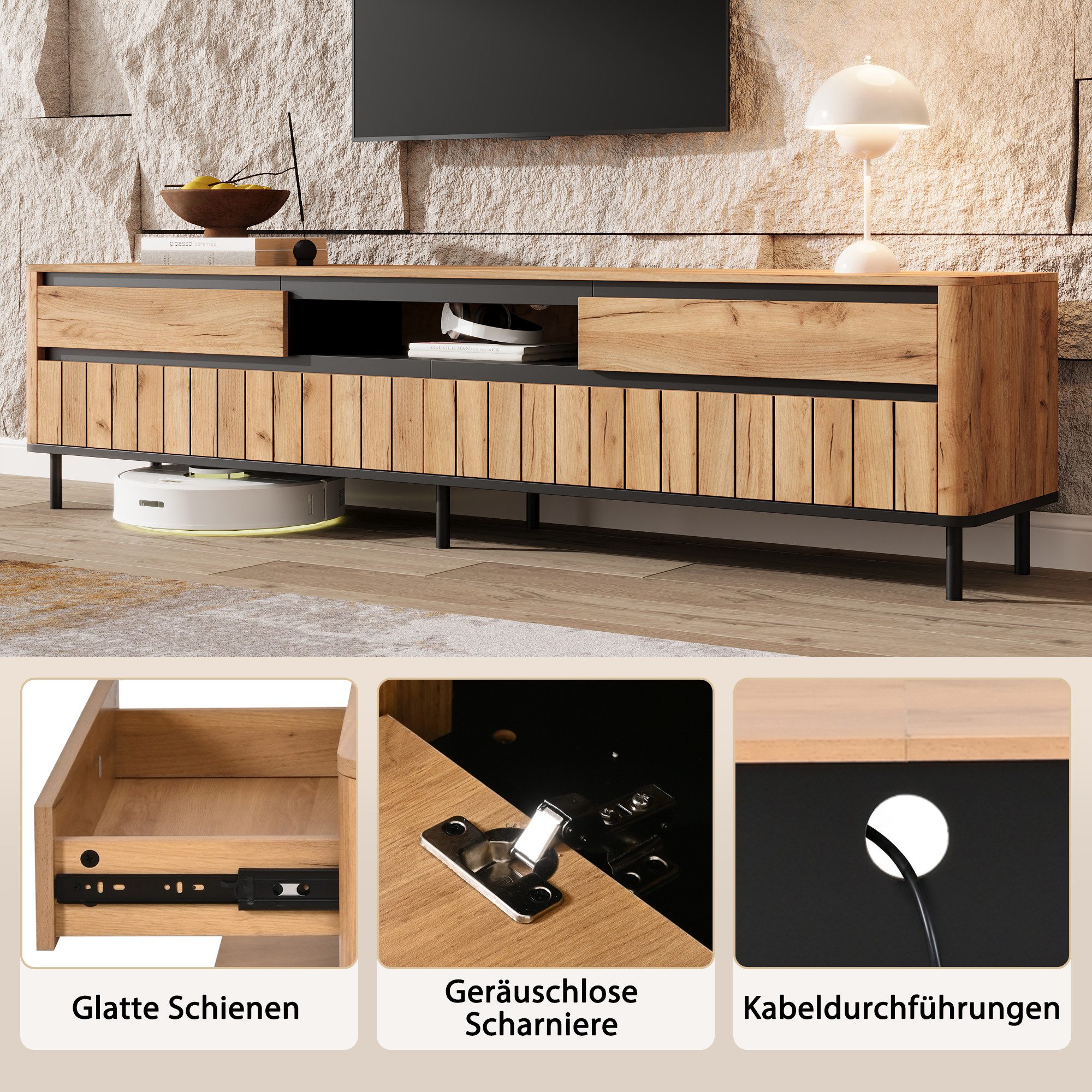 HAUSS SPOLE TV-Schrank für 75 Zoll,Fernsehschrank Lowboard mit Klapptüren & Metallfüße,Natur (Fernsehschrank 180x40x52cm mit zwei Klapptüren und sechs Metallfüße) Wohnzimmer-TV-Möbel mit Kabelmanagement