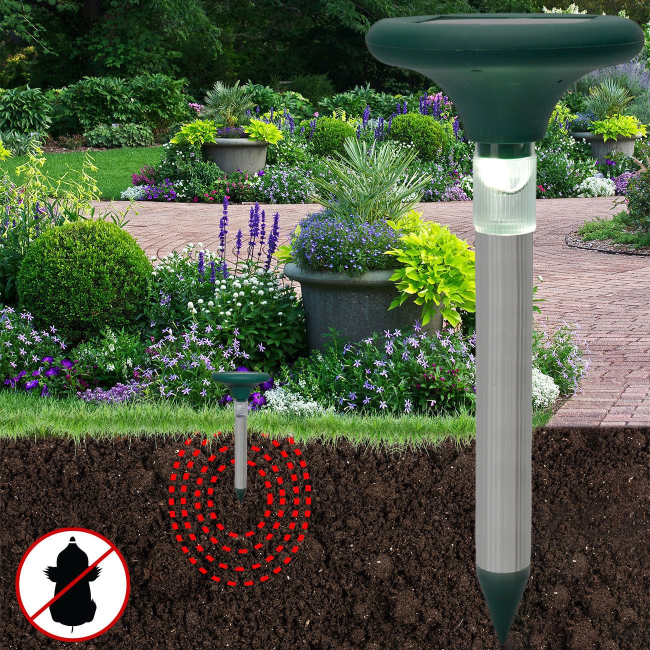 Casativo Vibrations-Tierabwehr Solar Maulwurfschreck mit LED 800m² Abwehr & Gartenleuchte Alu-Spieß, 1-tlg., 1er-Set & 3er-Set, 2-in-1 Maulwurf-Abwehr (400 Hz) mit solarbetriebener LED-Wegleuchte