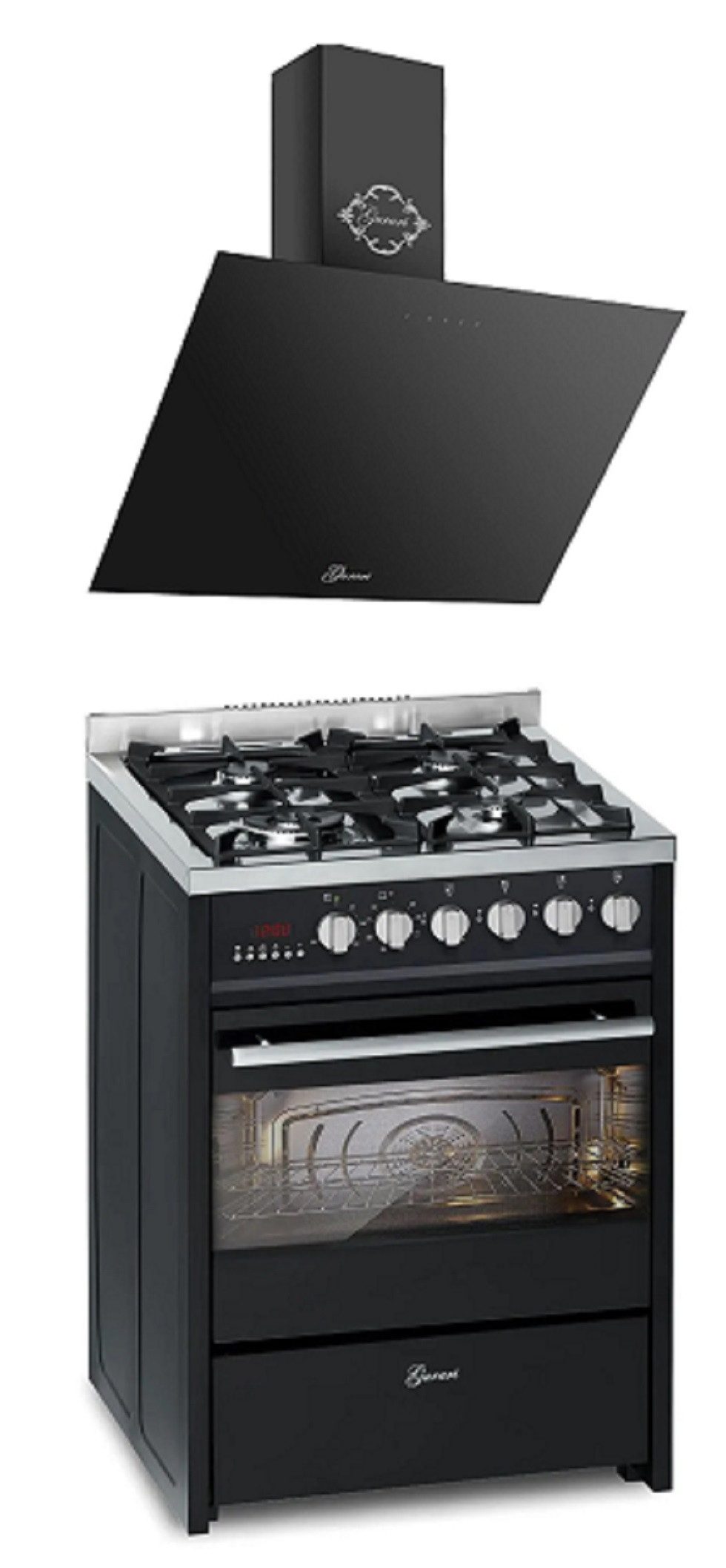 GURARI Gas-Standherd Gas Elektro Standherd 60 cm Erdgas, Fl.Gas 4 Kw WOK, 60 L+Dunstabzugshaube 60 cm, Schwarz, 1000m³/h GCH E 610 BL +GCH 286 BL 6 Prime., mit 1-fach-Teleskopauszug
