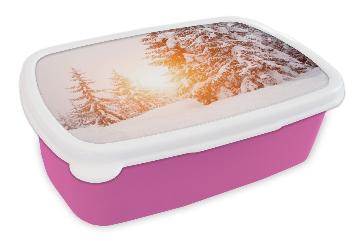MuchoWow Lunchbox Sonne - Bäume - Schnee, Kunststoff, (2-tlg), Brotbox für Erwachsene, Brotdose Kinder, Snackbox, Mädchen, Kunststoff rosa