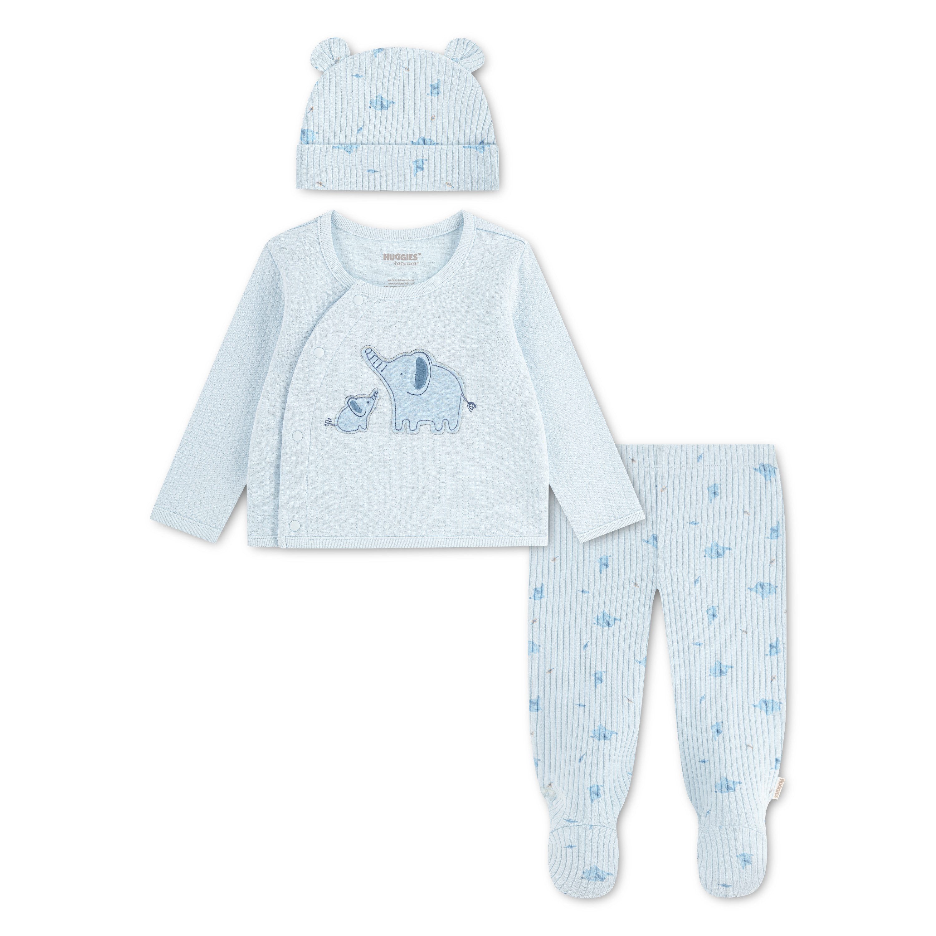 HUGGIES babywear Strampler, Jäckchen & Mütze HUGB FOOTED PANT SET + ATTACHM (Set, 3-tlg) Mütze / Jäckchen / Hose mit Fuss / bedruckt - für Boys