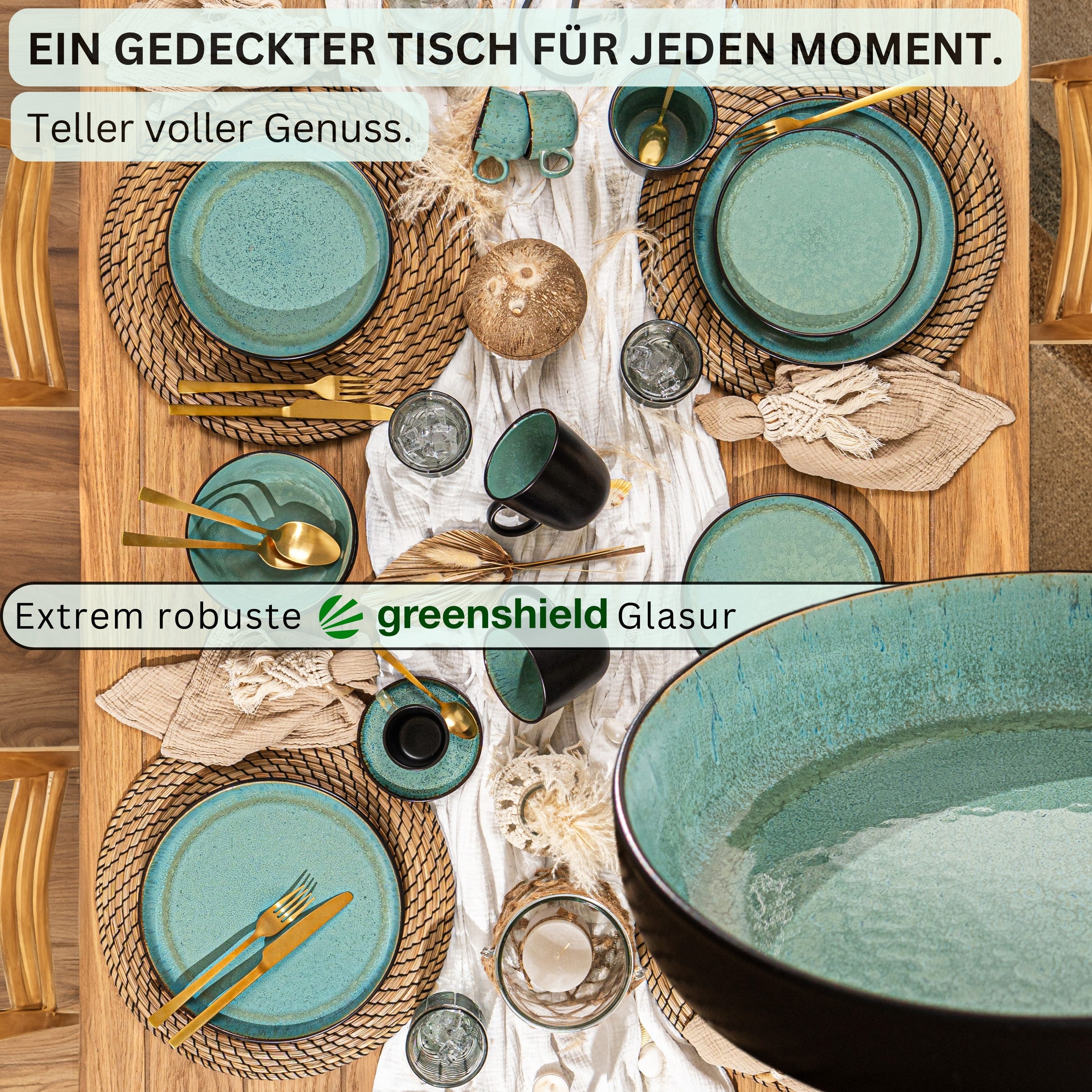 SÄNGER Teller Set Fiji, Grün Schwarz, (6 St), 6 tlg. Pastaschalen, Steingut, Handmade, VALUE COLLECTION