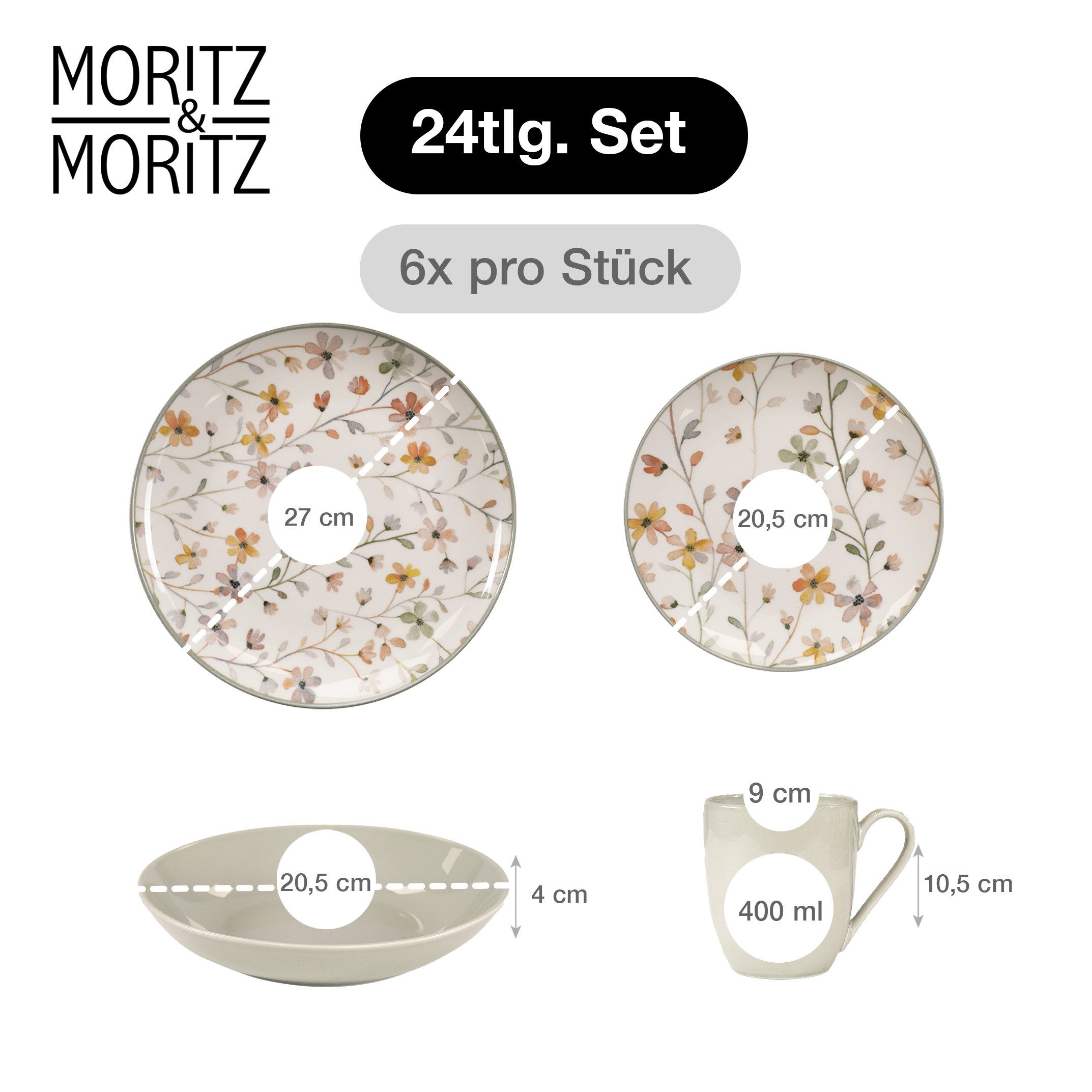 Moritz & Moritz Kombiservice PRIMAVERA Kombiservice 24tlg. (24-tlg), 6 Personen, Steinzeug, Geeignet für Spülmaschine & Mikrowelle