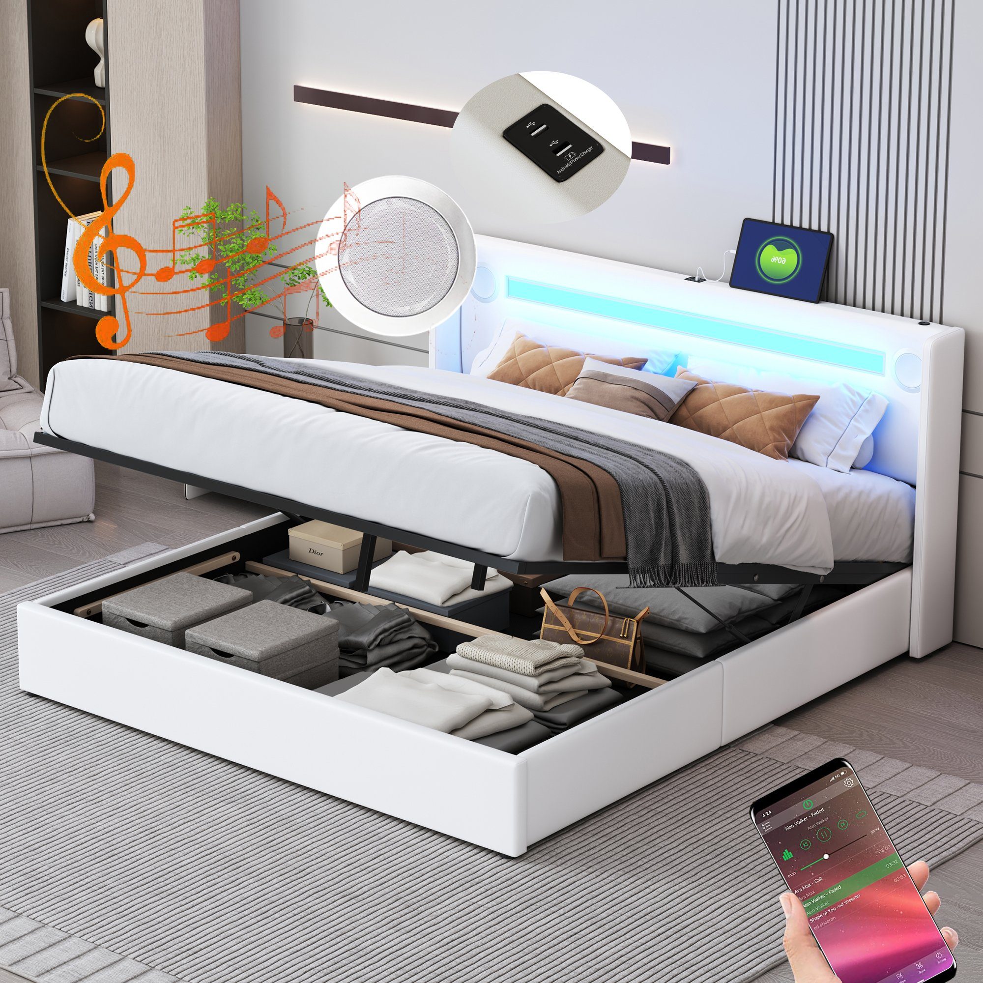Flieks Polsterbett, LED Beleuchtung/Bluetooth/USB-Aufladen Doppelbett 160x2 günstig online kaufen