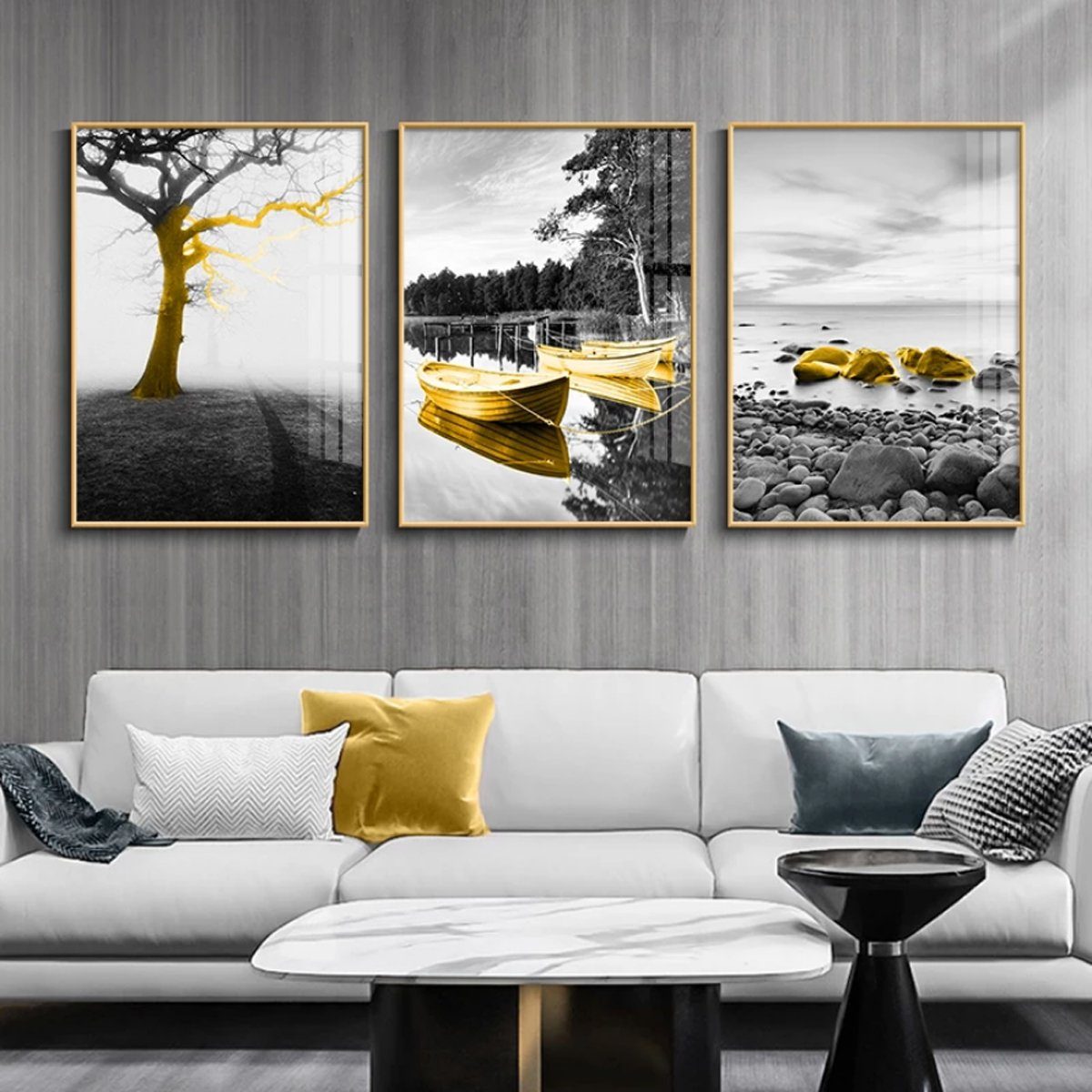 TPFLiving Kunstdruck (OHNE RAHMEN) Poster verschiedene günstigen 13x18cm Größe: im - Wanddeko - auf Hintergrund Gelb, Auswahl - Boote Wohnzimmer Farben: grauem - zur Set), Gelbe Größen Auch 3-er - (7 - Grau Leinwand Wandbild