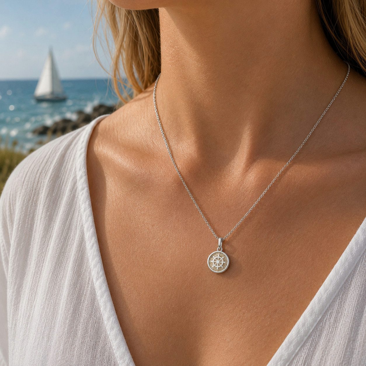 Kette mit Anhänger Halskette Steuerrad 2.0 K2962, 45 cm – 925er Silber mit Strandsand