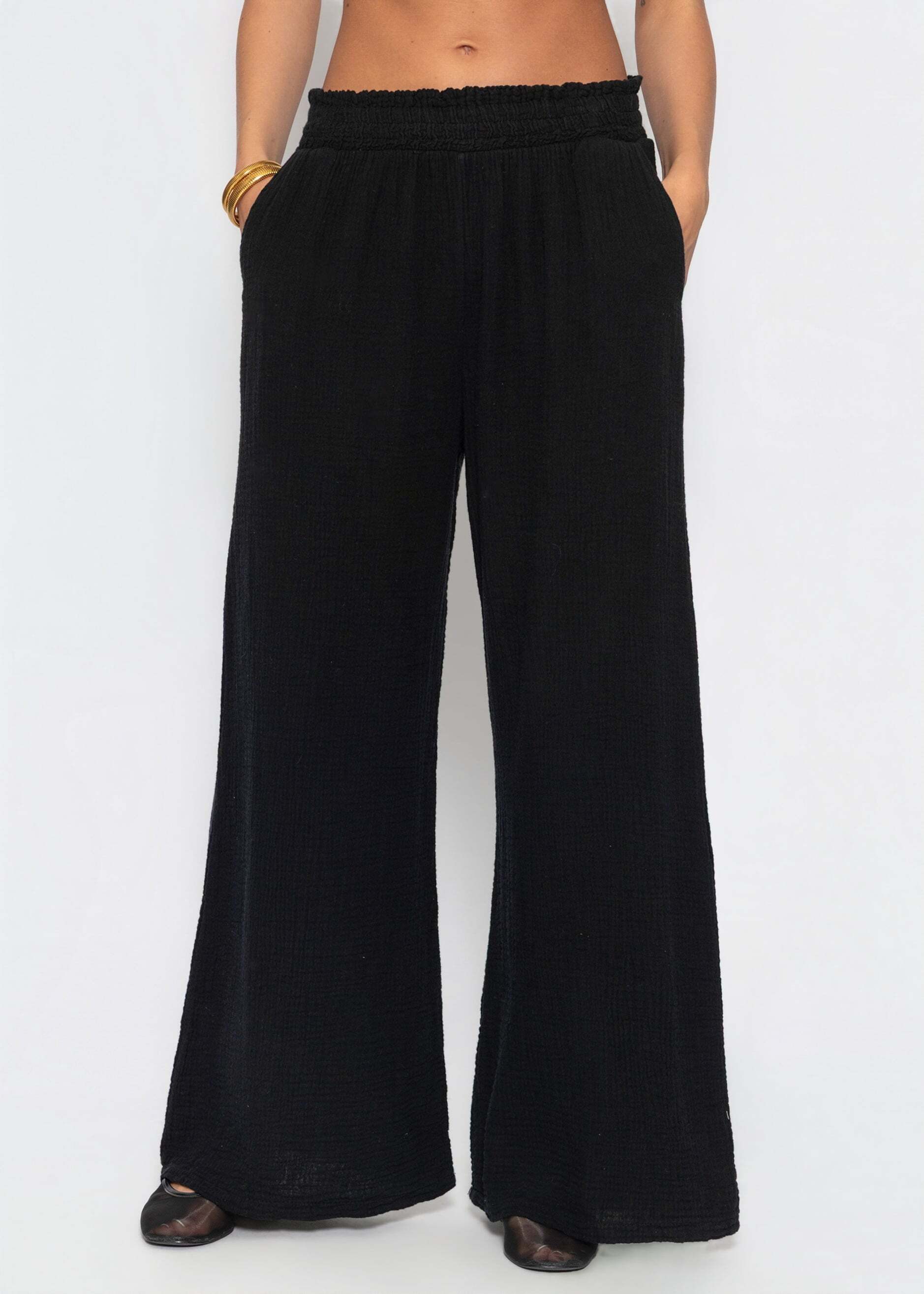 SASSYCLASSY Stoffhose Musselin Hose mit weitem Bein für Damen Leichte Stoffhose mit seitlichen Taschen im lockerem Fit