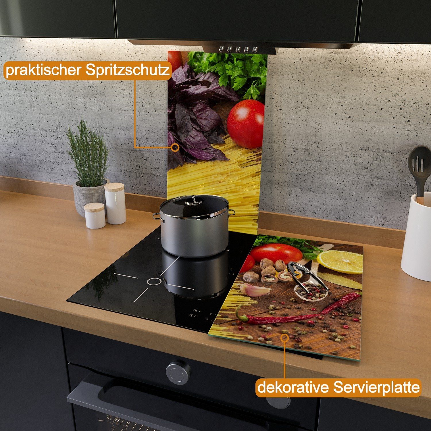 Wallario Herd-Abdeckplatte Italienisches Menü mit Spaghetti, Tomaten, Basilikum und Gewürzen, ESG-Sicherheitsglas, (Glasplatte, 2 tlg., inkl. 5mm Noppen), verschiedene Größen