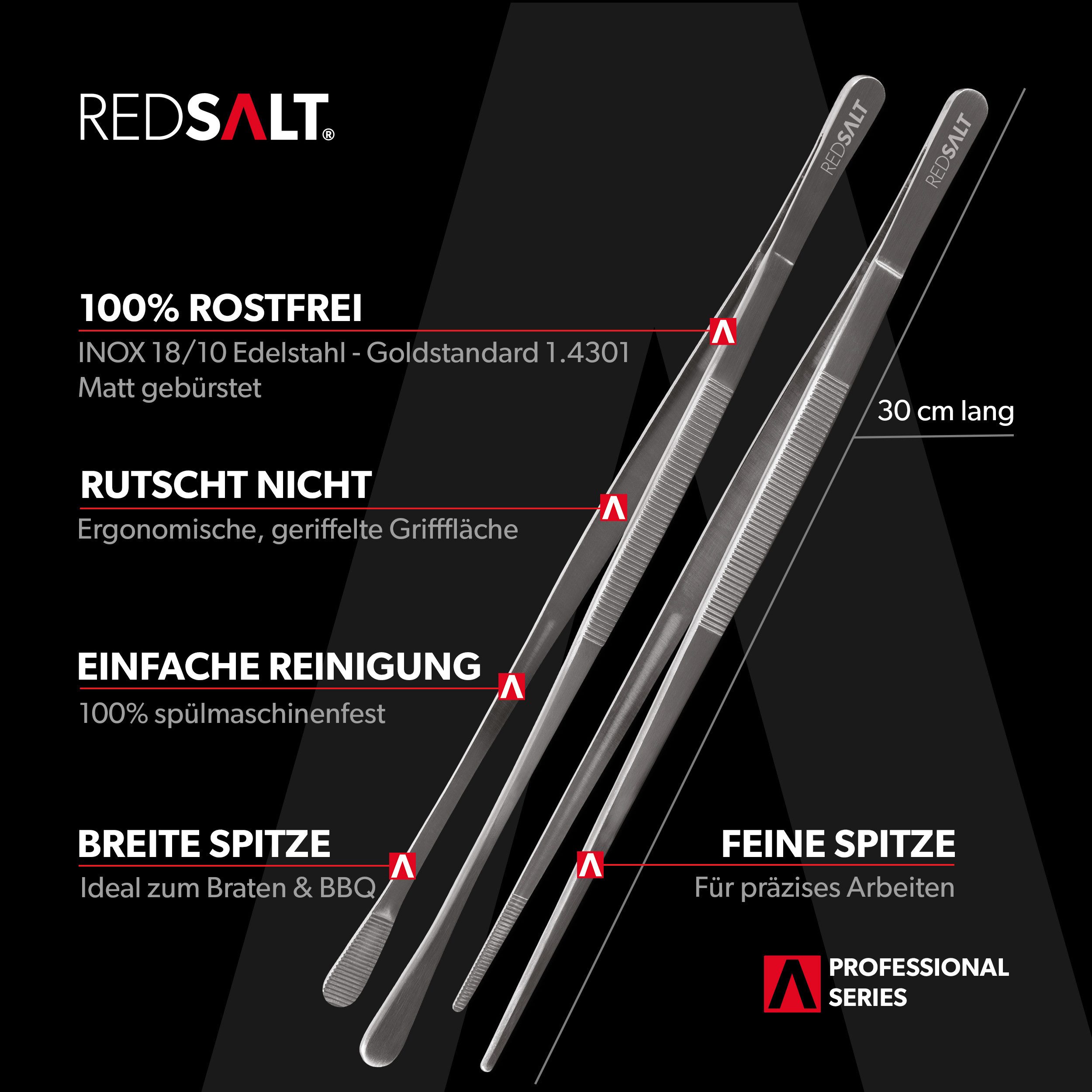REDSALT® Kochpinzette Premium Küchenpinzetten Set breite & schmale Spitze spülmaschinenfest, Rostfreier Edelstahl in INOX 18/10 Qualität