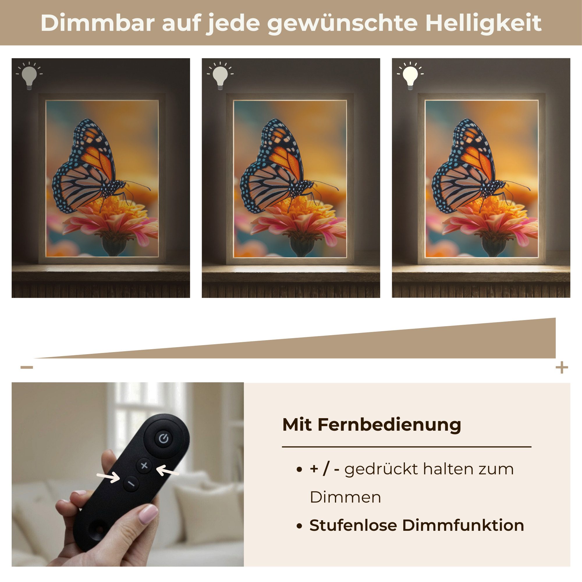 OnlyWow Wandleuchte Lightbox Schmetterling - Tiere - Farbenfroh - Natur - Blumen, Dimmbar, Farbwechsel, LED, Warmweiß, Kaltweiß, Neutralweiß Einstellbar, Wandlampe Innen, Dimmbar, Aufladbarer USB Akku, LED, Beleuchtung