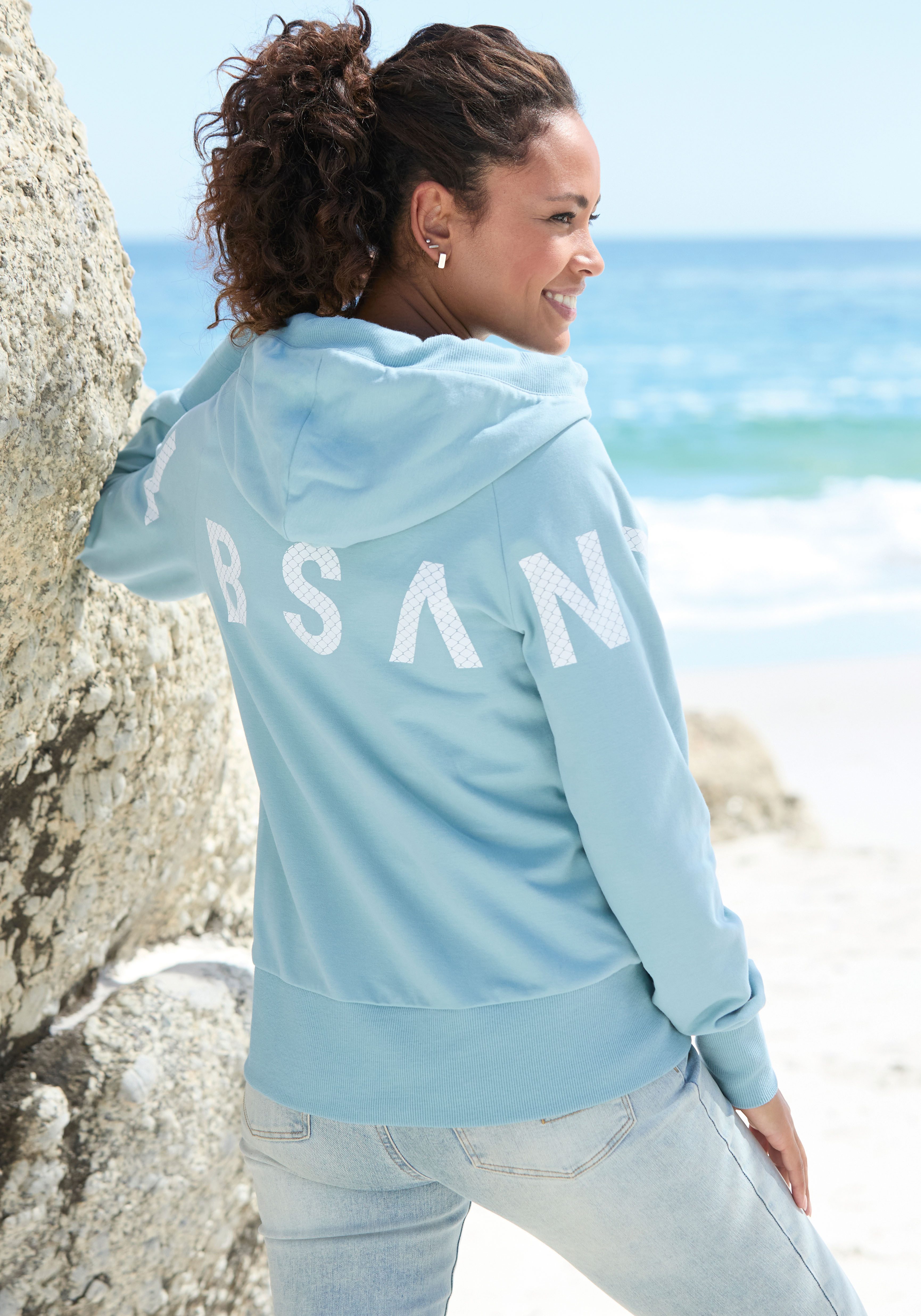 Elbsand Kapuzensweatjacke mit großem Logodruck hinten, bequeme Freizeitjacke mit Taschen